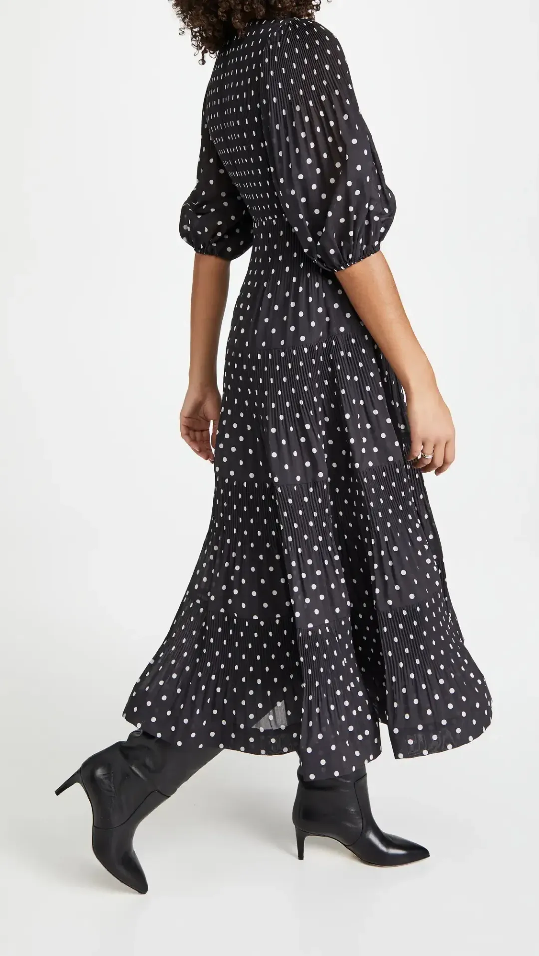 Zimmermann Pleated Long Sleeve Midi Dress in Black & Pearl Polka Dot Size 2 / AU 12 for rent on The Volte - main image
