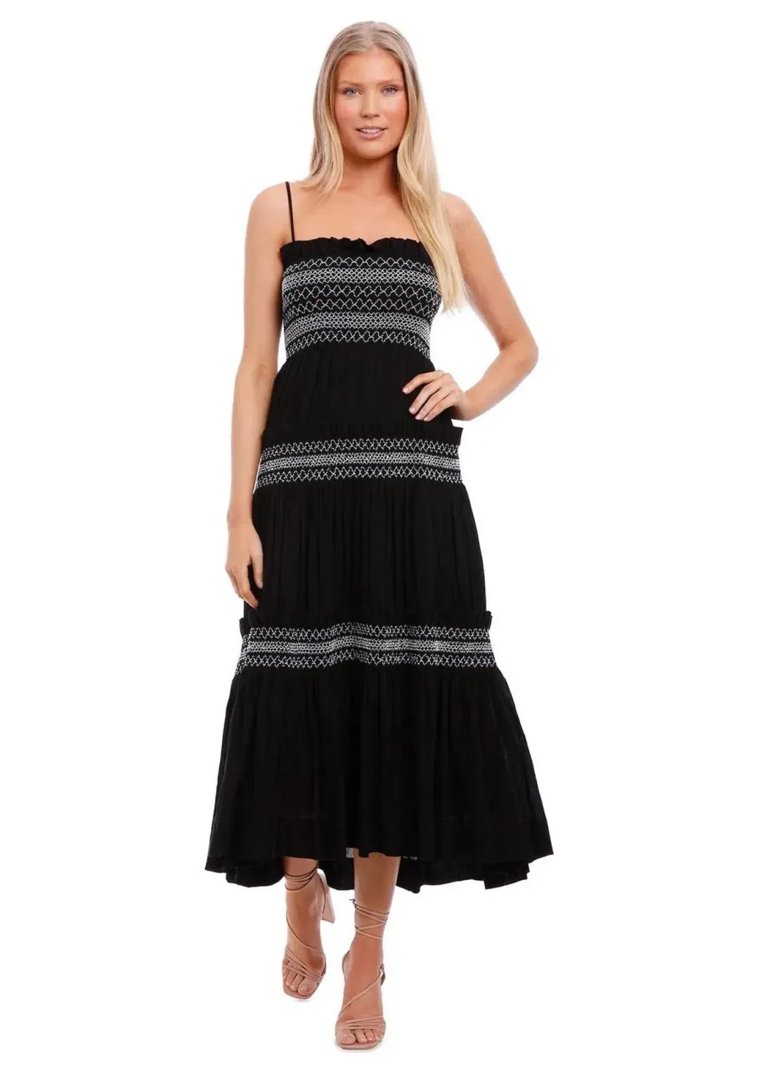 Shona Joy Leda Shirred Tiered Midi Dress Black Size 8 for rent on The Volte - main image
