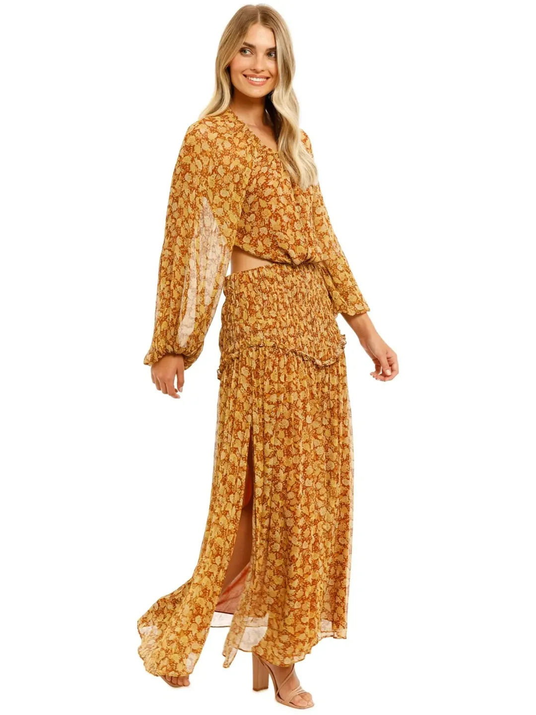 Shona Joy Sunset Cut Out Midi Dress in Tumeric Size AU 10 for rent on The Volte - main image