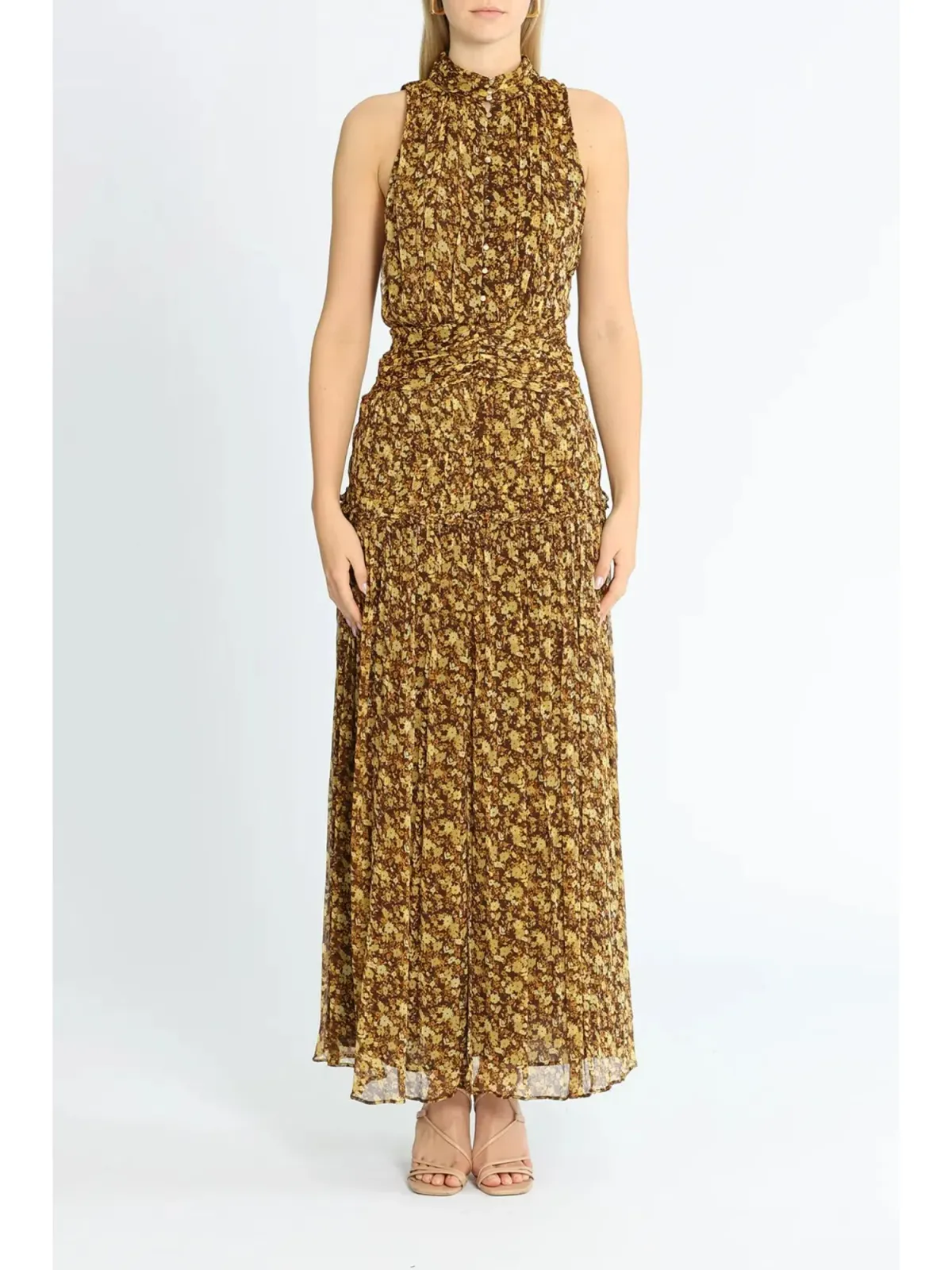 Shona Joy Carmela Sleeveless Midi Dress Khaki Print Size AU 6 - Image 1
