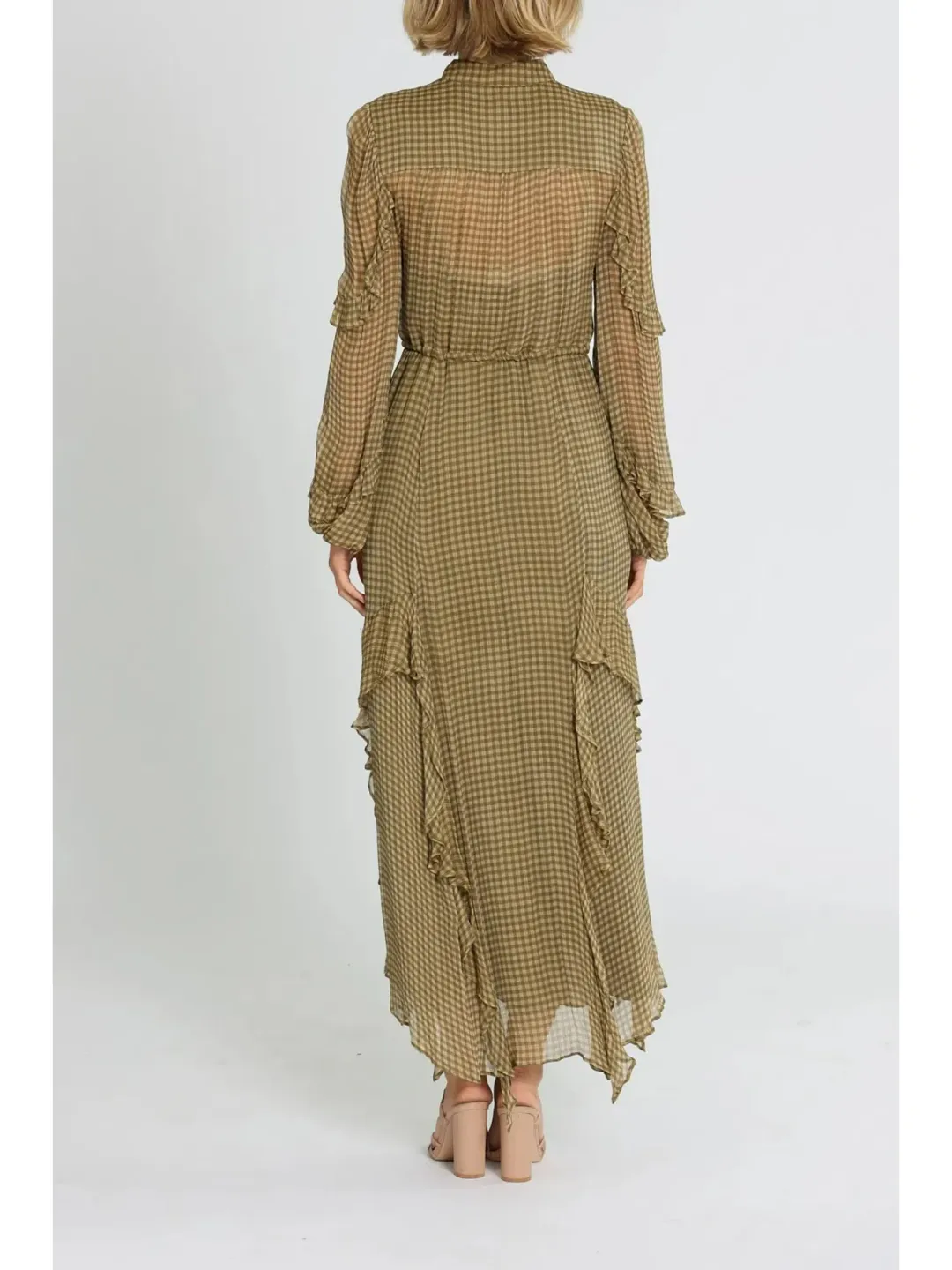 Shona Joy Eleonora Drawstring Frill Midi Dress in Olive Size AU 6 for rent on The Volte - main image