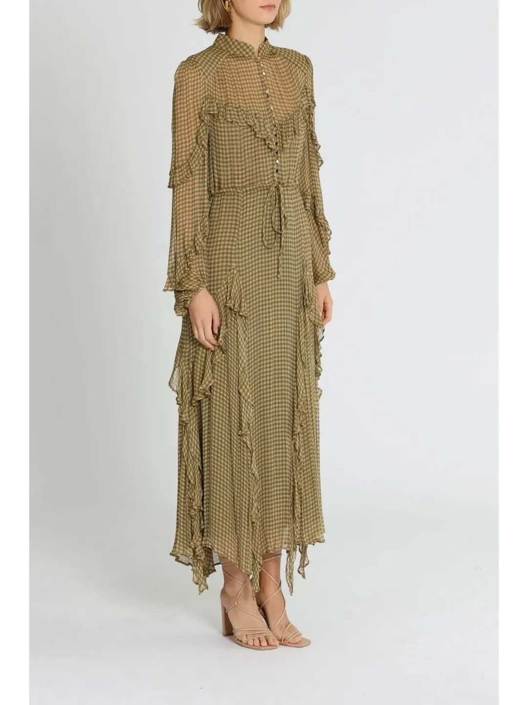 Shona Joy Eleonora Drawstring Frill Midi Dress in Olive Size AU 6 for rent on The Volte - main image