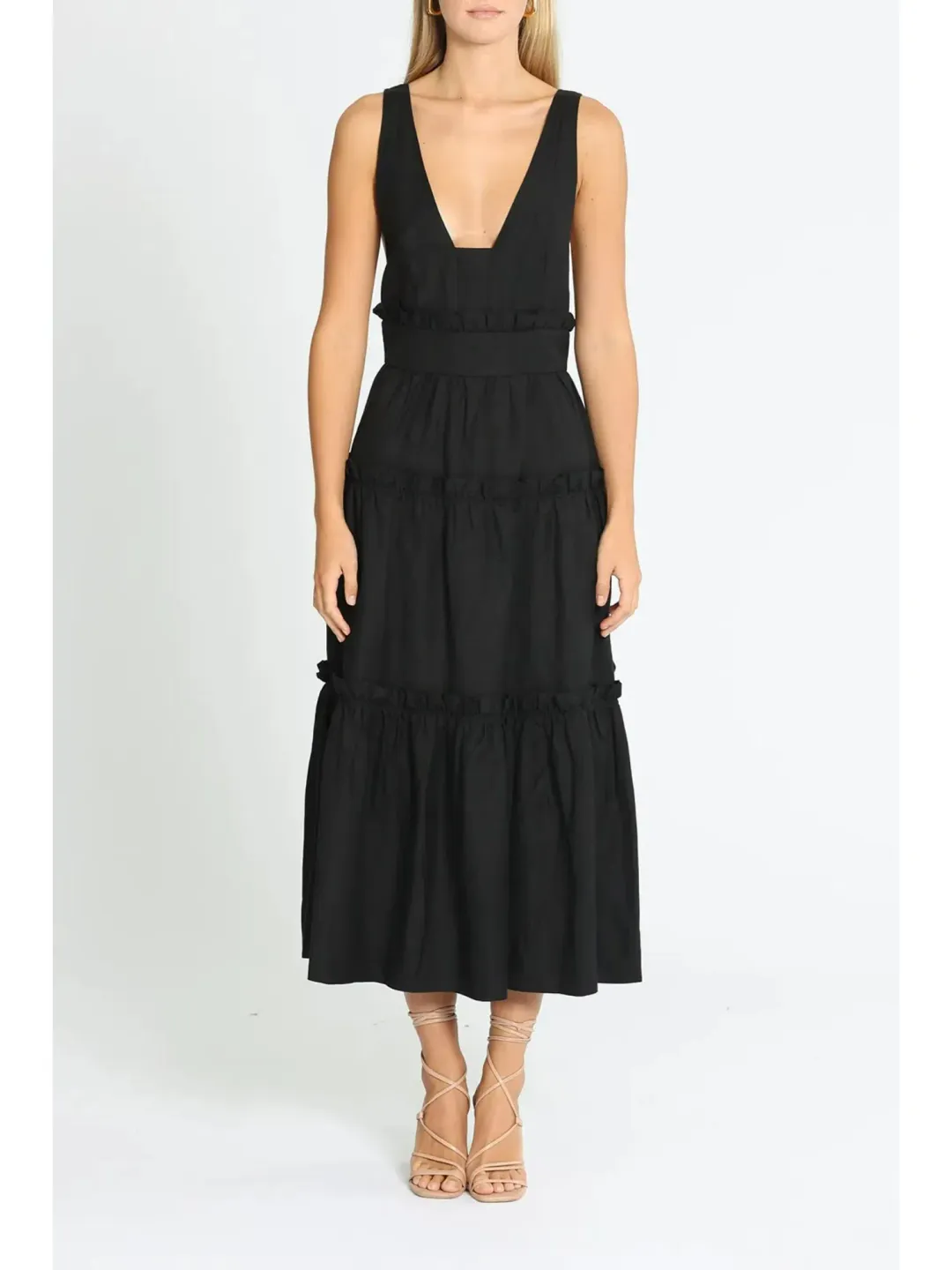 Shona Joy Tiered Midi Dress in Black Size AU 10 for rent on The Volte - main image