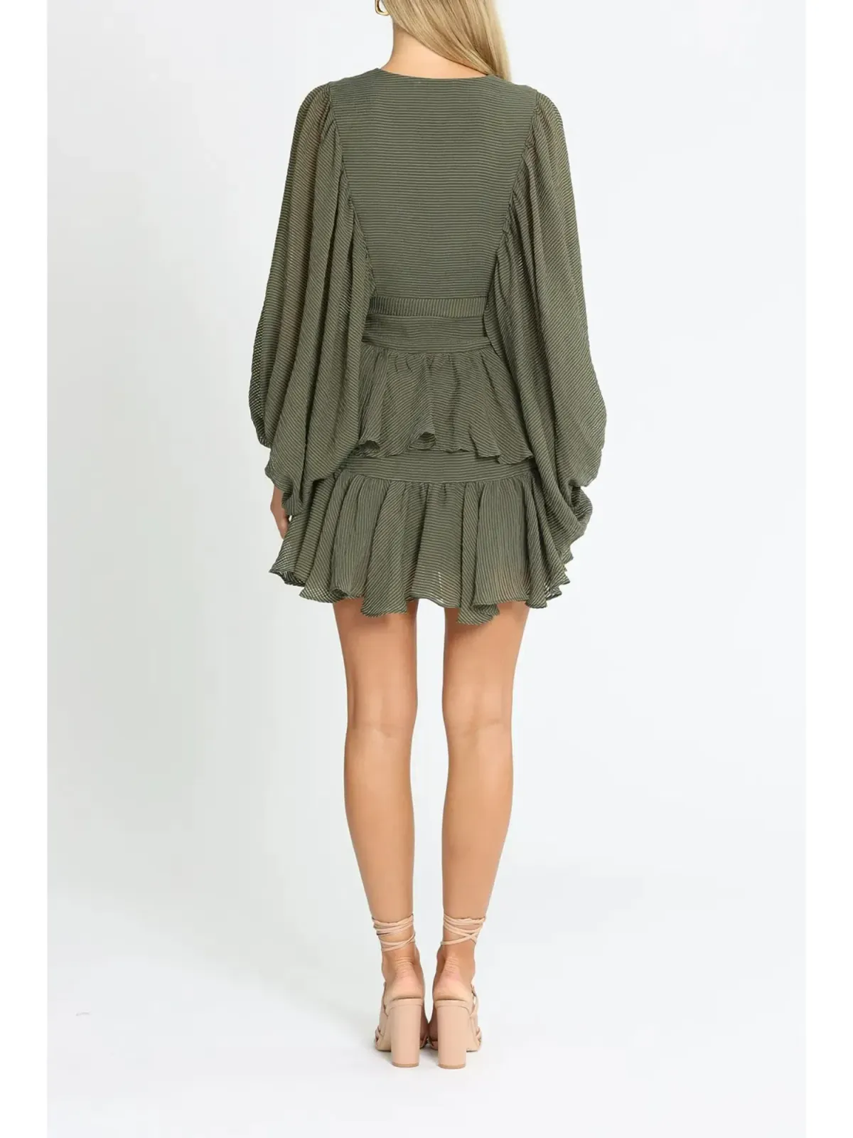 Shona Joy Puff Sleeve Mini Dress in Khaki Size AU 12 - Image 2