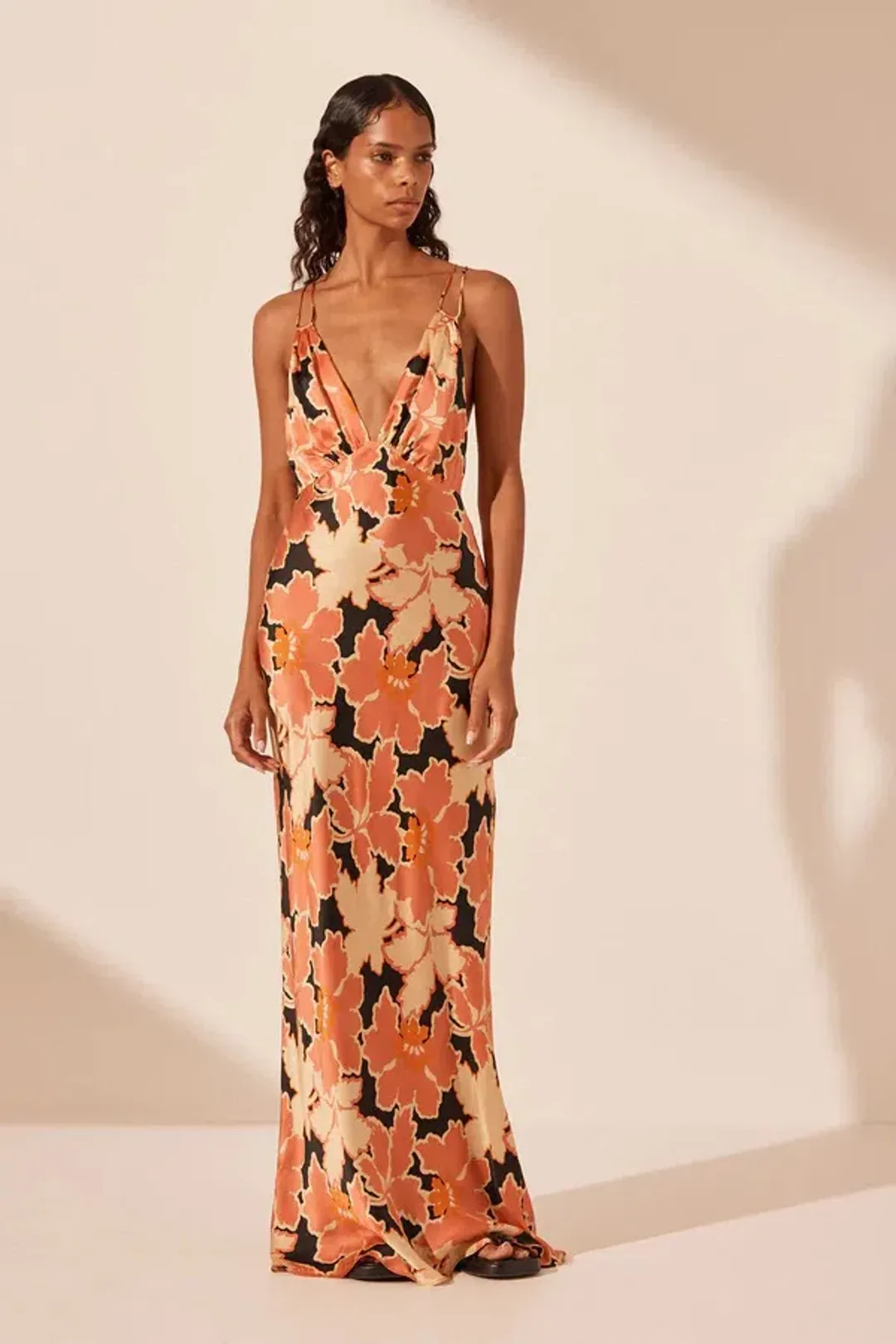 Shona Joy Rosa Silk Plunged Double Strap Maxi Dress Coral Pink/Multi Size 14 for rent on The Volte - main image