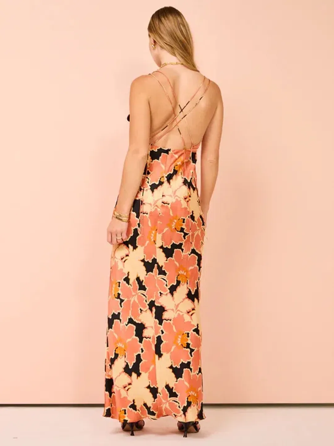 Shona Joy Rosa Silk Plunged Double Strap Maxi Dress Coral Pink/Multi Size 14 for rent on The Volte - main image