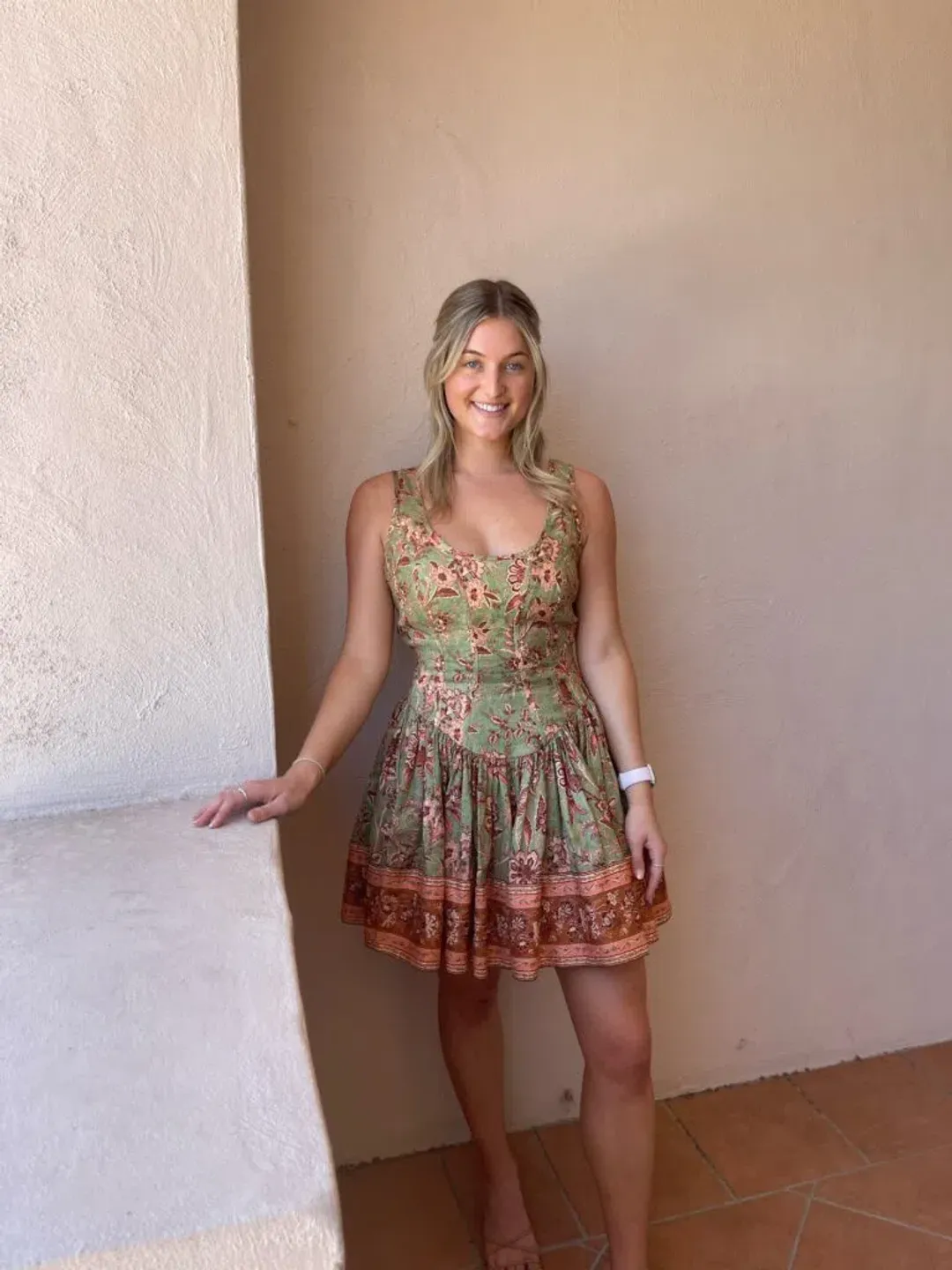 Zimmermann The Junie Panelled Mini Dress in Sage/Brown Floral Size 2/ Au 12 for rent on The Volte - main image