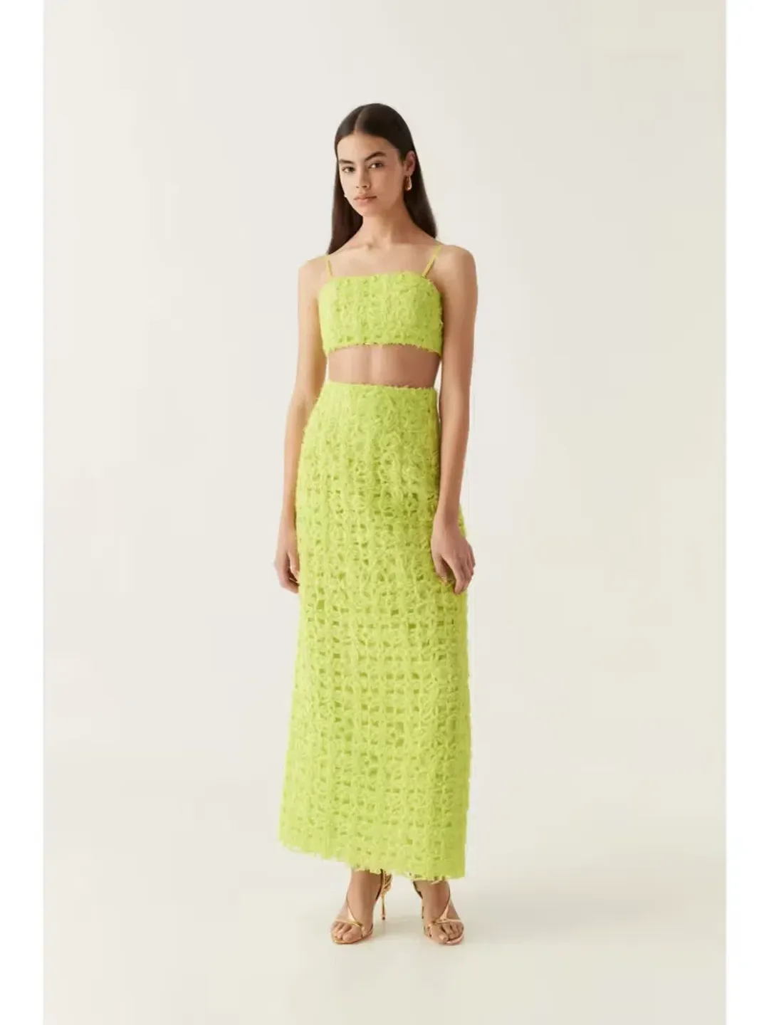 Aje Quintette Textured Bralette and Midi Skirt in Light Lime Green Size 8 for rent on The Volte - main image