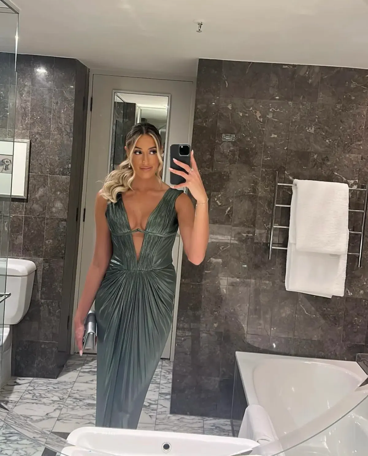 Roberto Cavalli Low V Neck Dress Green Metallic Size 8 - Image 2