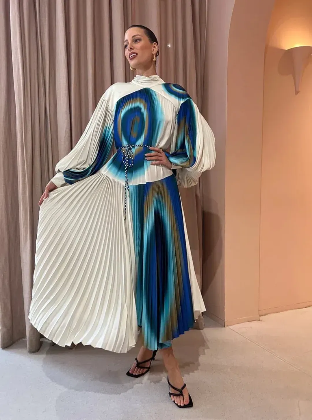 Alemais Una Pleated Midi Dress in Pearl/Teal Size 14 for rent on The Volte - main image