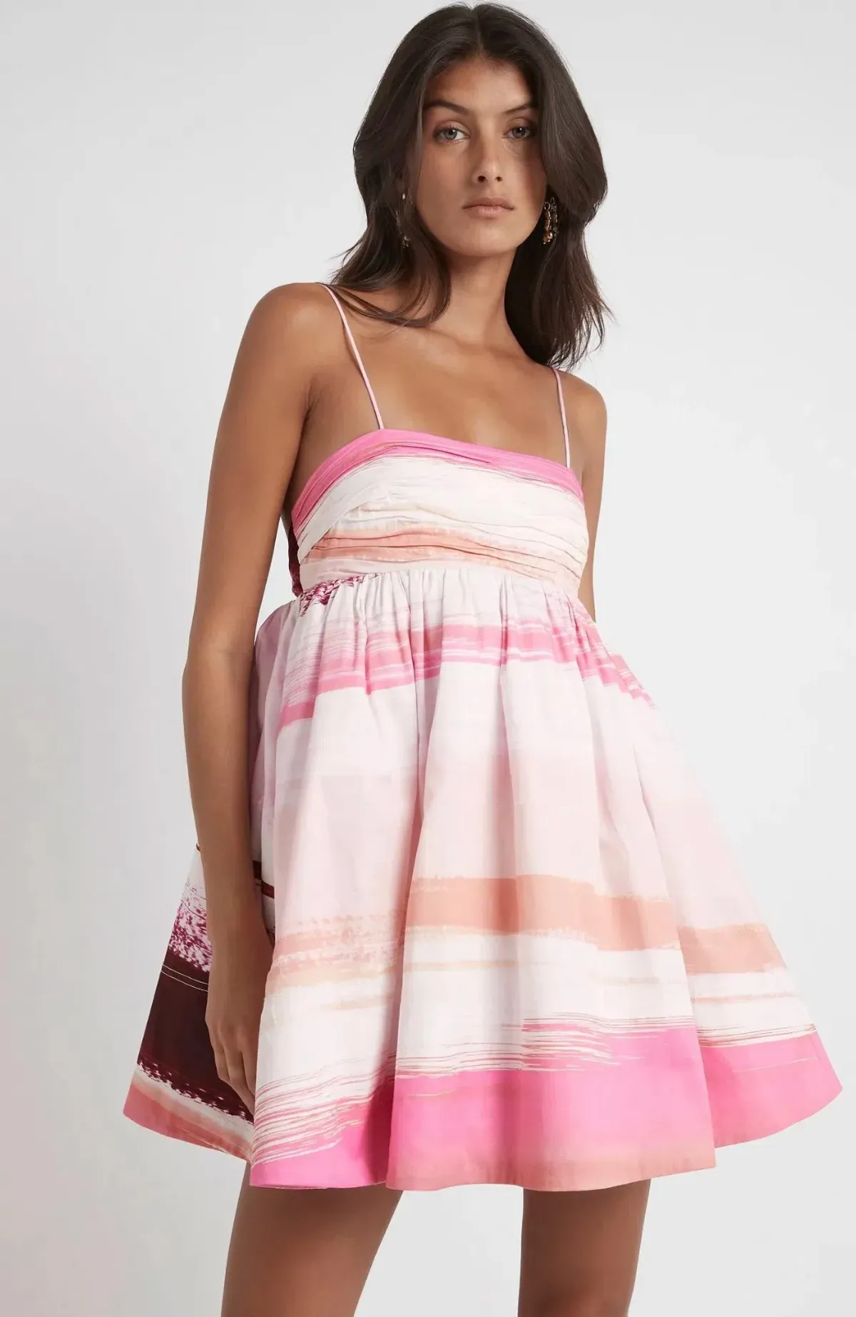 Aje Kasbah Sunset Stripe Ruched Bow Back Mini Dress Pink Print Size 4 - Image 4
