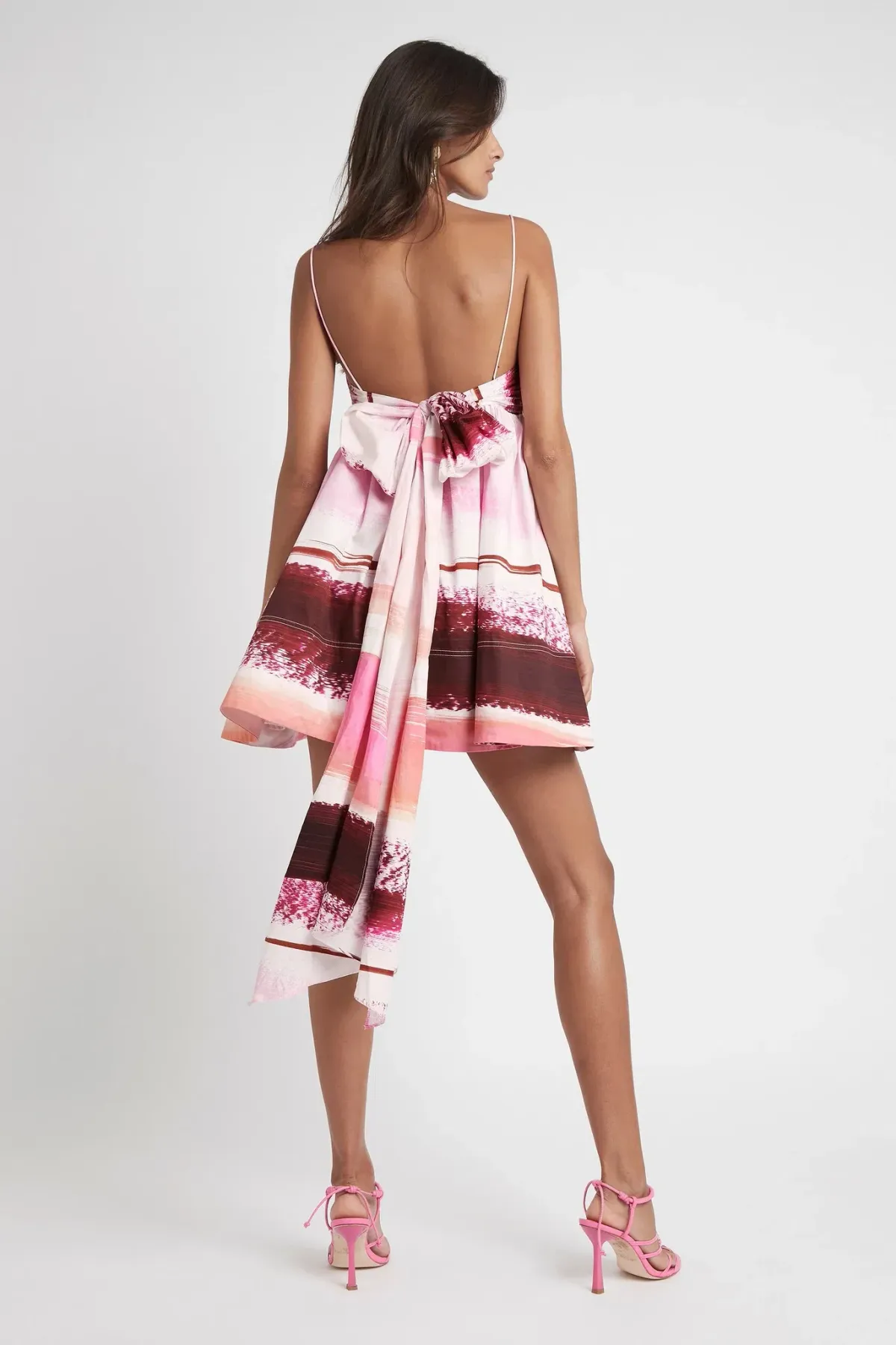 Aje Kasbah Sunset Stripe Ruched Bow Back Mini Dress Pink Print Size 4 - Image 5