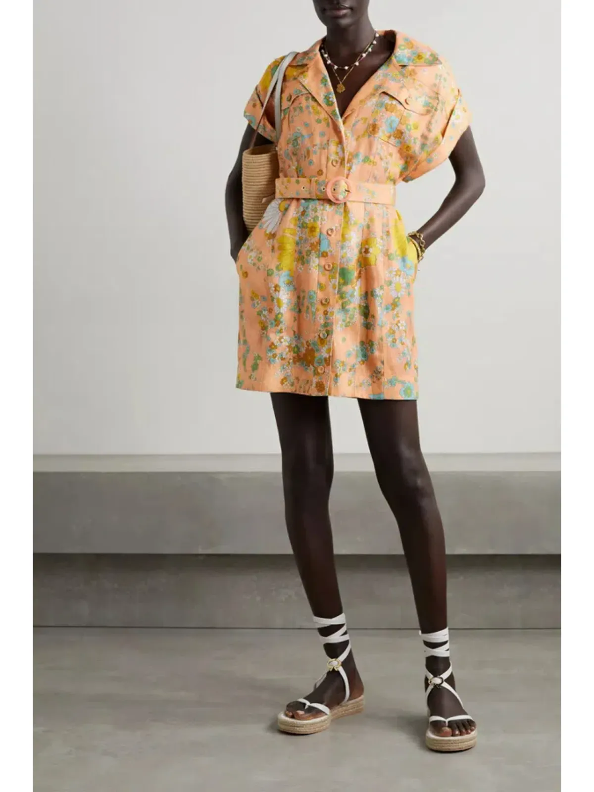 Zimmermann Lola Roll Cuff Mini Belted Dress Peach Floral Size 0P / AU 6 - Image 1