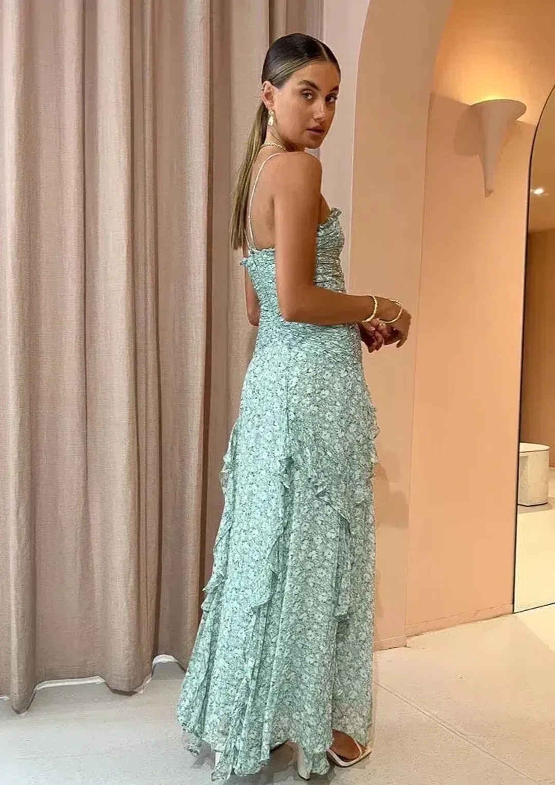 Shona Joy Aurore Ruched Frill Maxi Dress Green Floral - Size 10 for rent on The Volte - main image