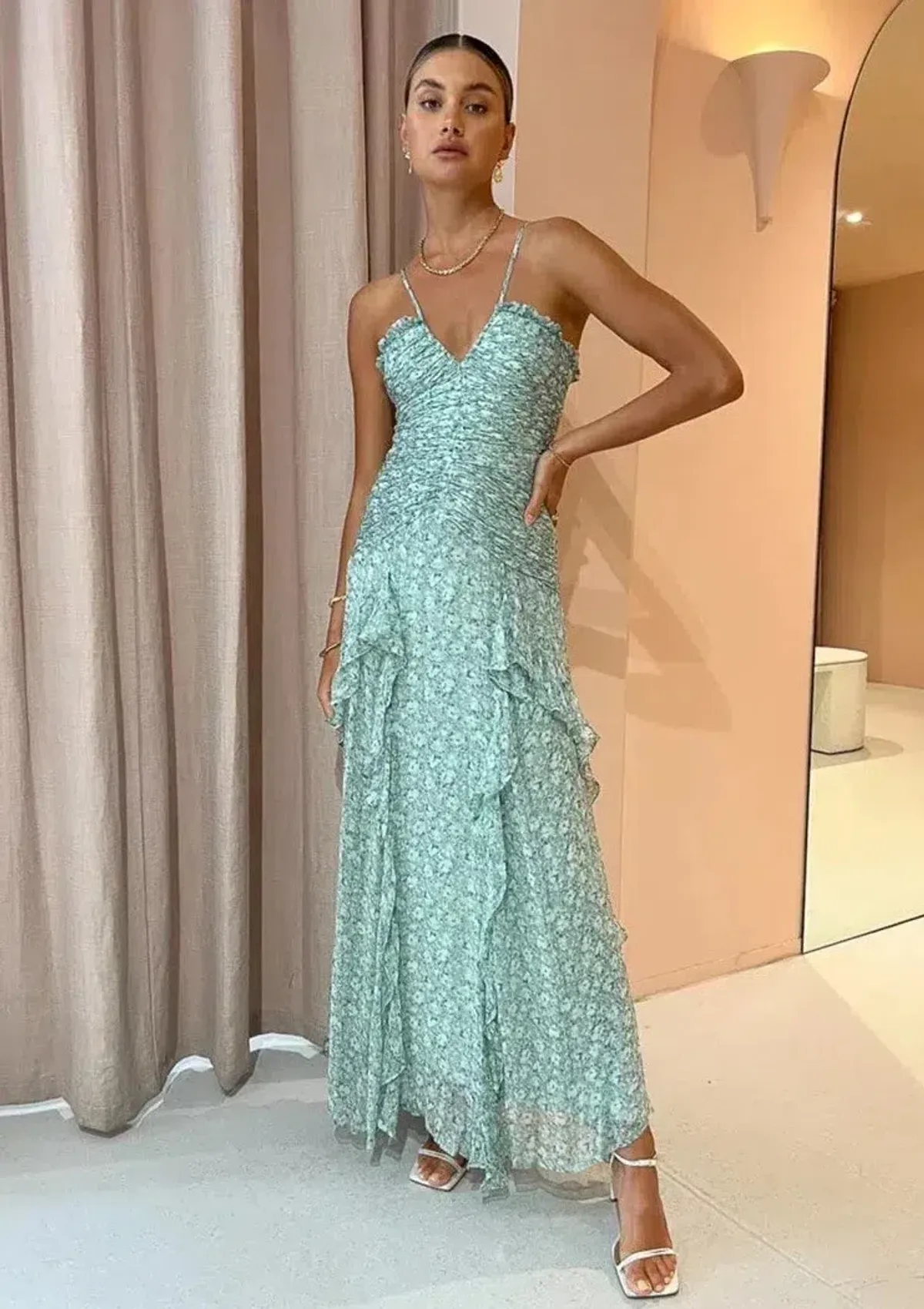 Shona Joy Aurore Ruched Frill Maxi Dress Green Floral - Size 10 - Image 2