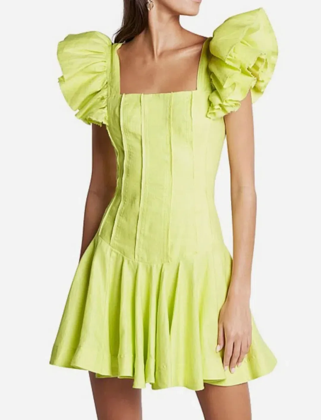 Aje Breathless Frill Sleeve Mini Dress Lime Green Size 14 for rent on The Volte - main image
