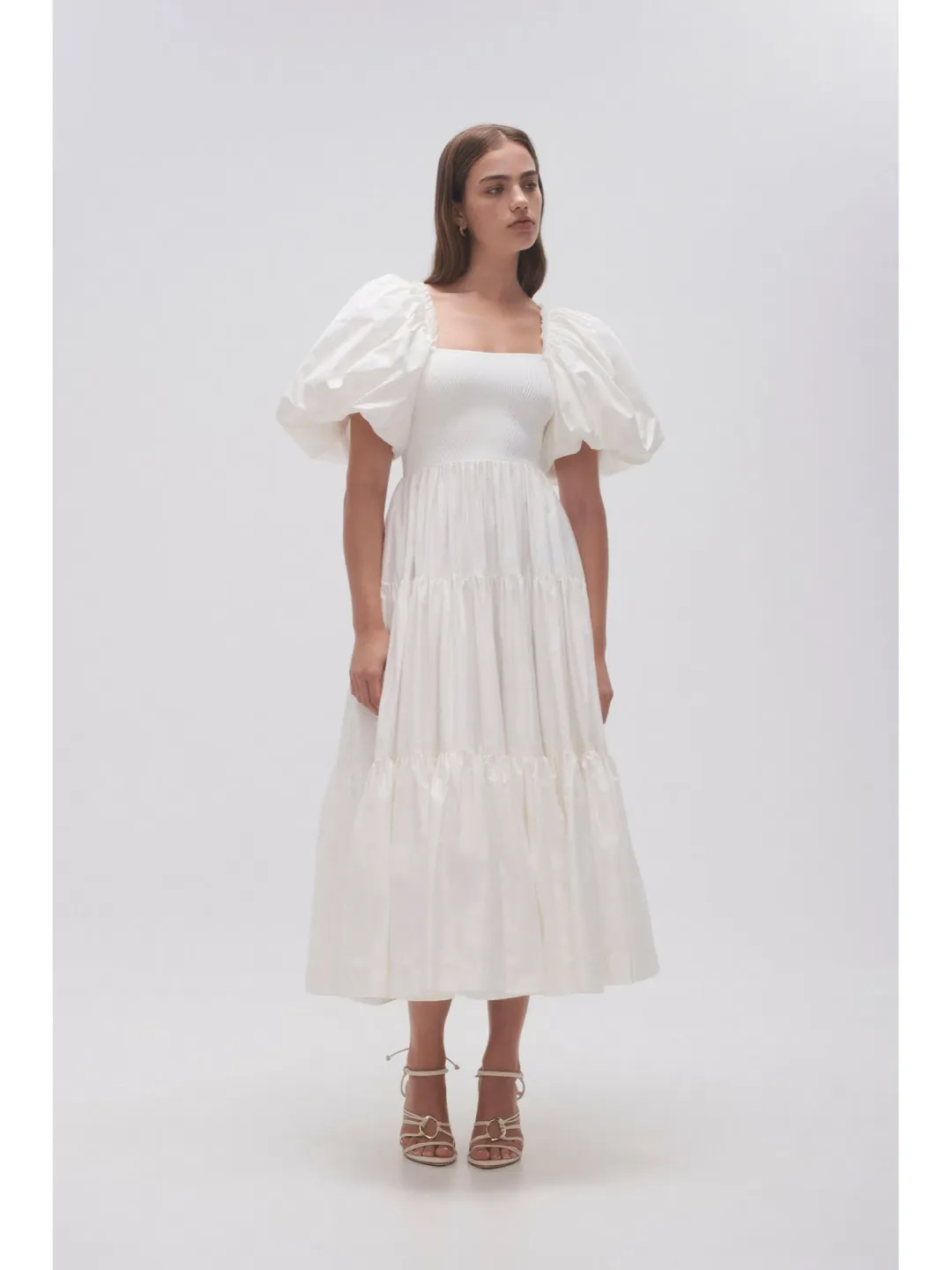 Aje Casa Puff Sleeve Midi Dress in Ivory Size AU 8 for rent on The Volte - main image