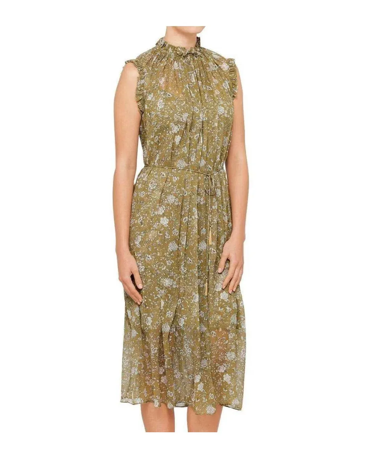 Zimmermann Rife Ruffle Neck Midi Dress Olive Floral Size 1 / AU 10 for rent on The Volte - main image