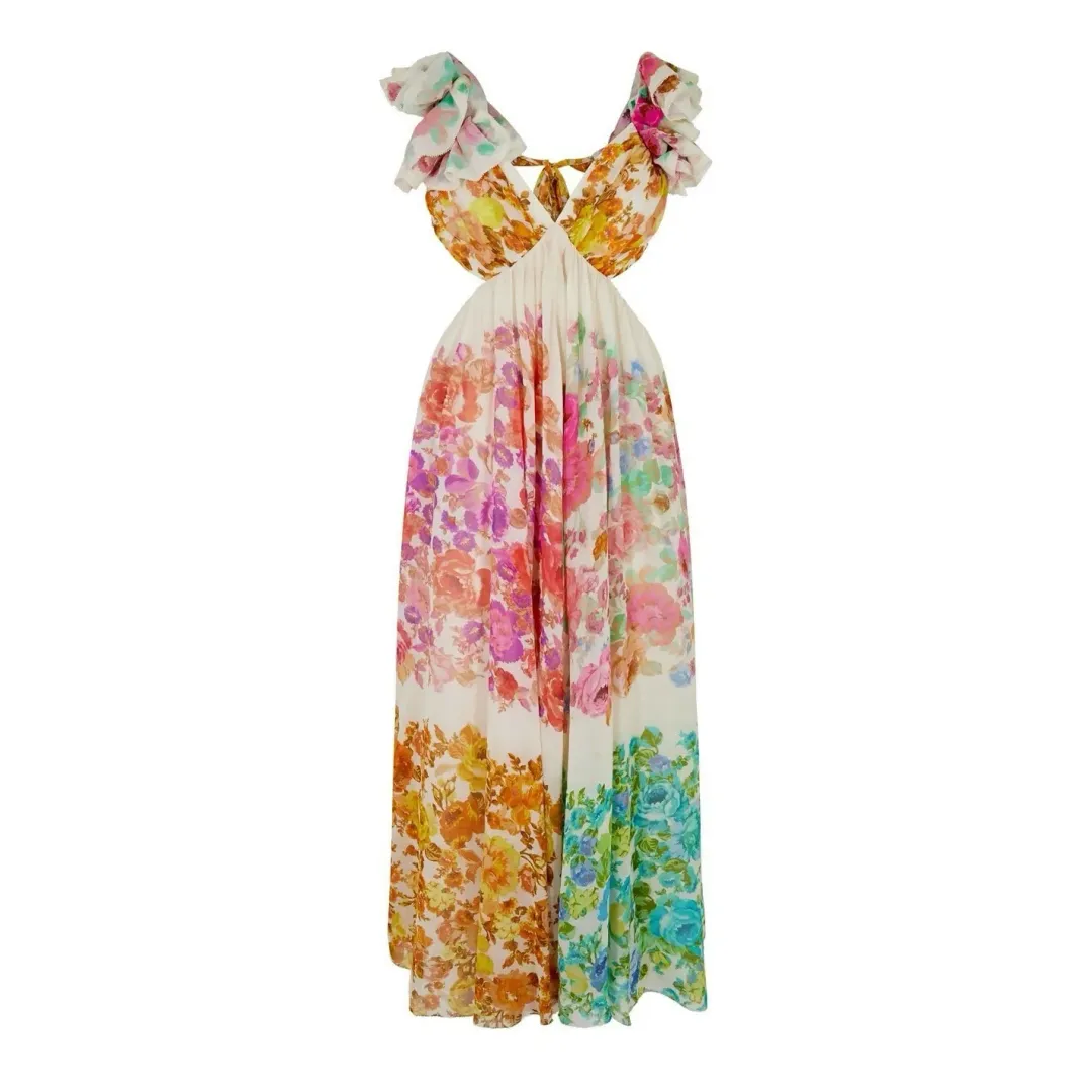 Zimmermann Raie Frill Shoulder Midi Dress Multi Floral Size 0P / AU 6 for rent on The Volte - main image