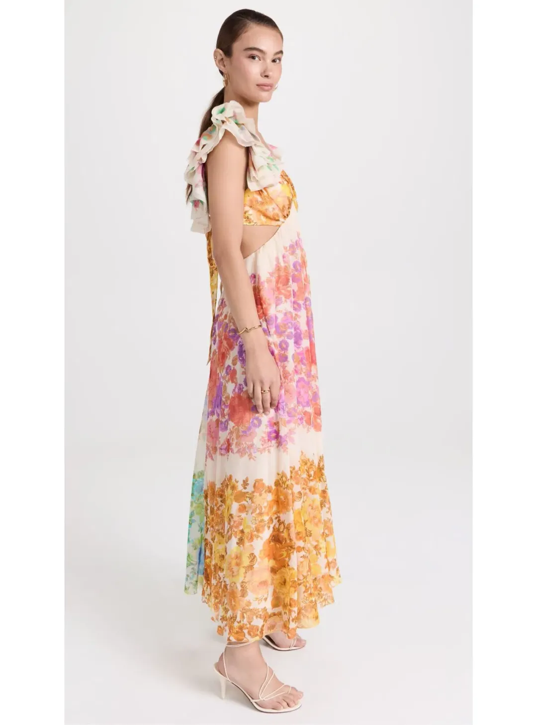 Zimmermann Raie Frill Shoulder Midi Dress Multi Floral Size 0P / AU 6 for rent on The Volte - main image