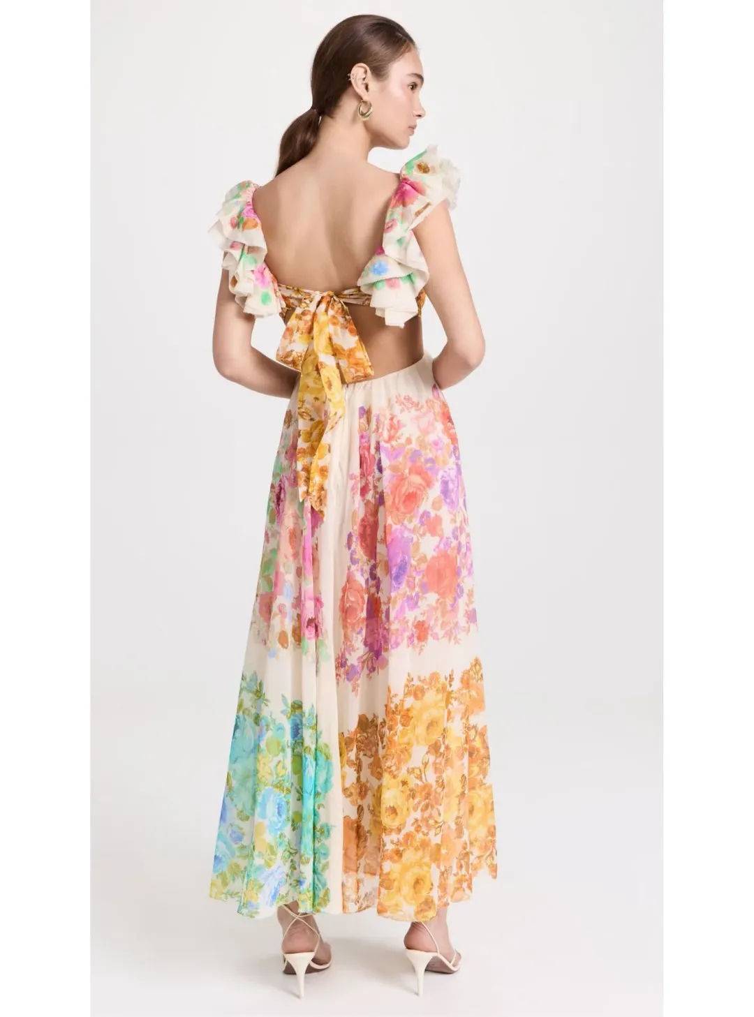 Zimmermann Raie Frill Shoulder Midi Dress Multi Floral Size 0P / AU 6 for rent on The Volte - main image
