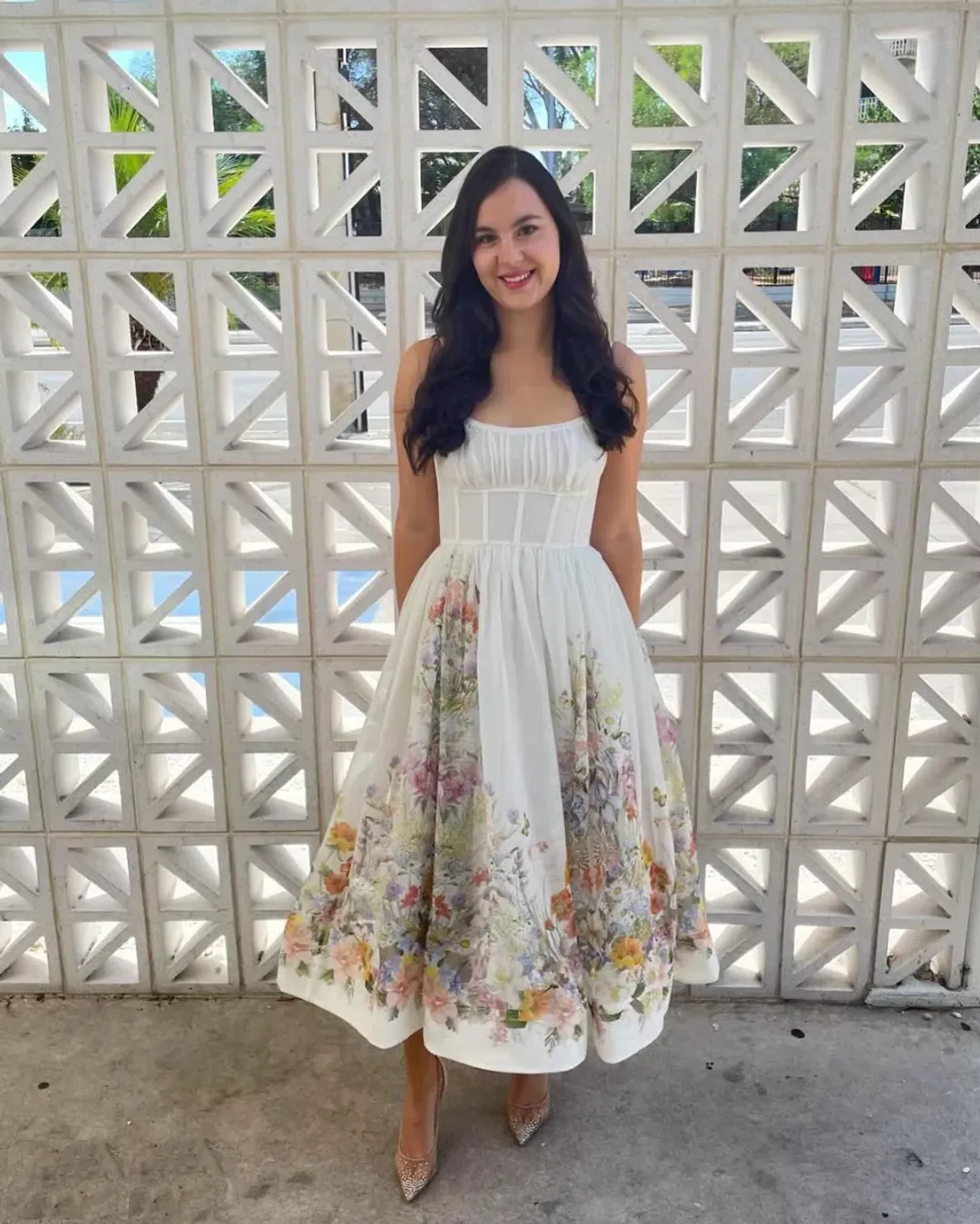 Zimmermann Natura Ruched Midi Dress Ivory Wild Flowers Size 1 / AU 10  for rent on The Volte - main image