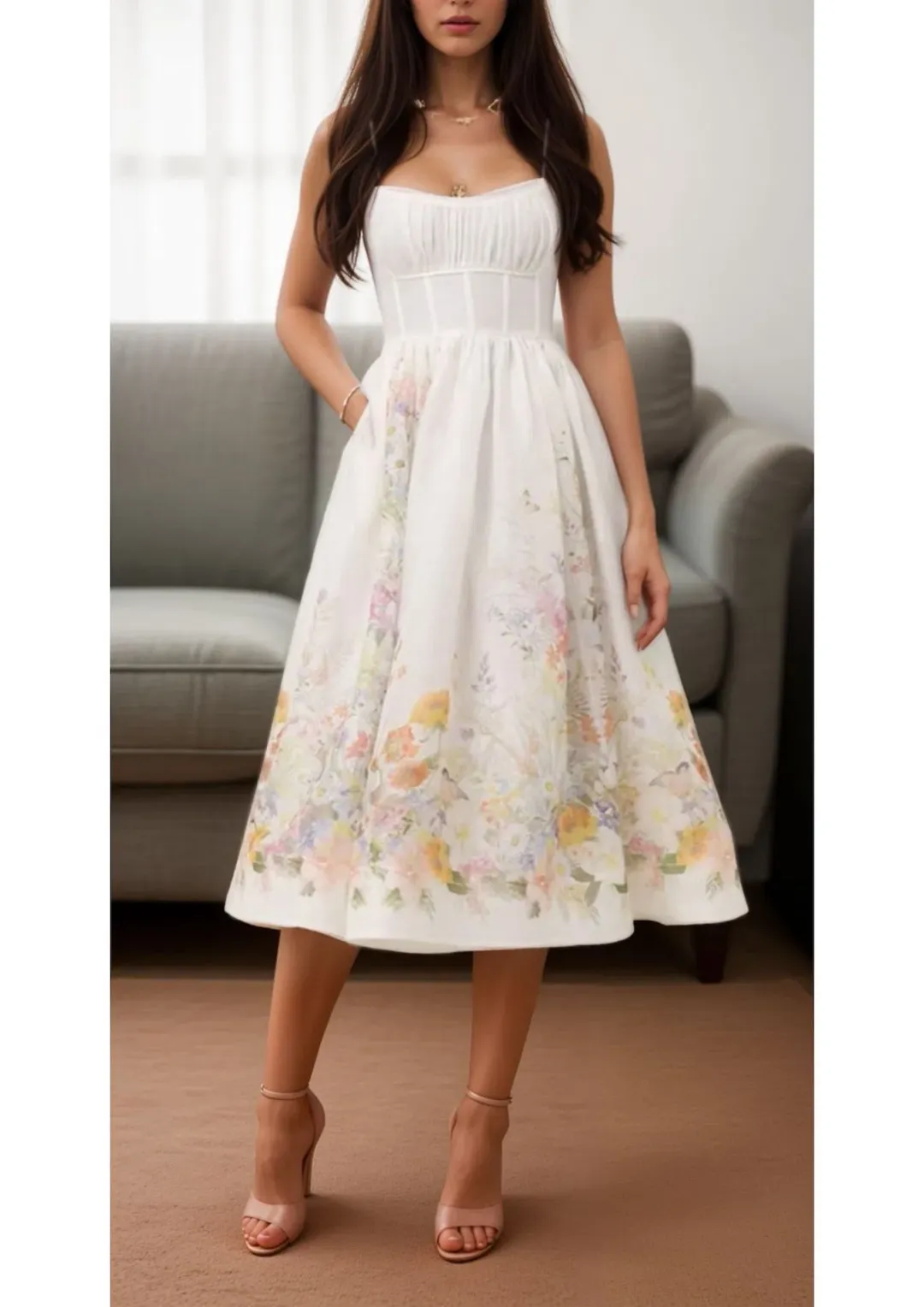 Zimmermann Natura Ruched Midi Dress Ivory Wild Flowers Size 0 / AU 8  for rent on The Volte - main image