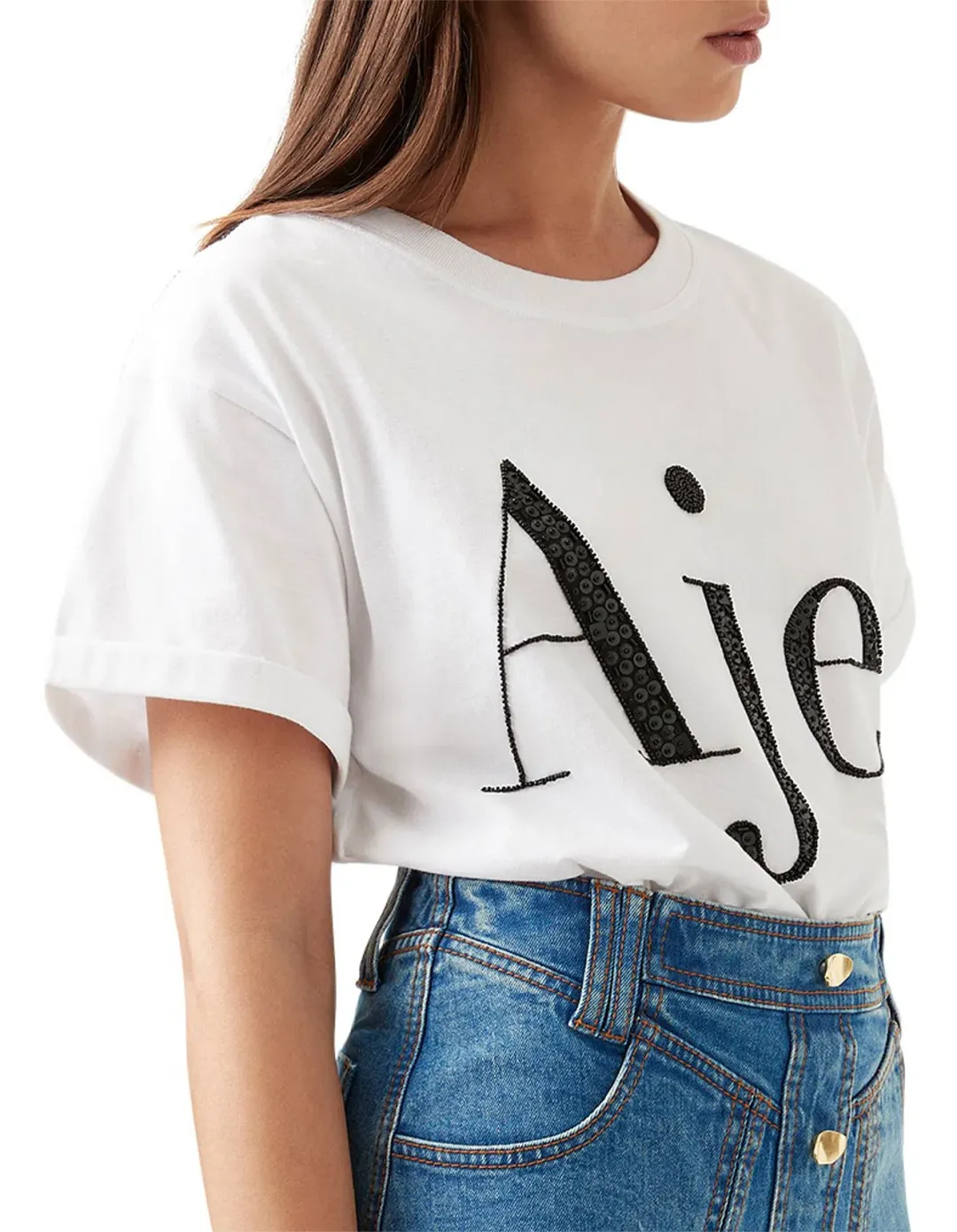 Aje Belmond Mini Skirt in Denim Blue Size 8 and Logo Tee White Print Size 6 Set for rent on The Volte - main image