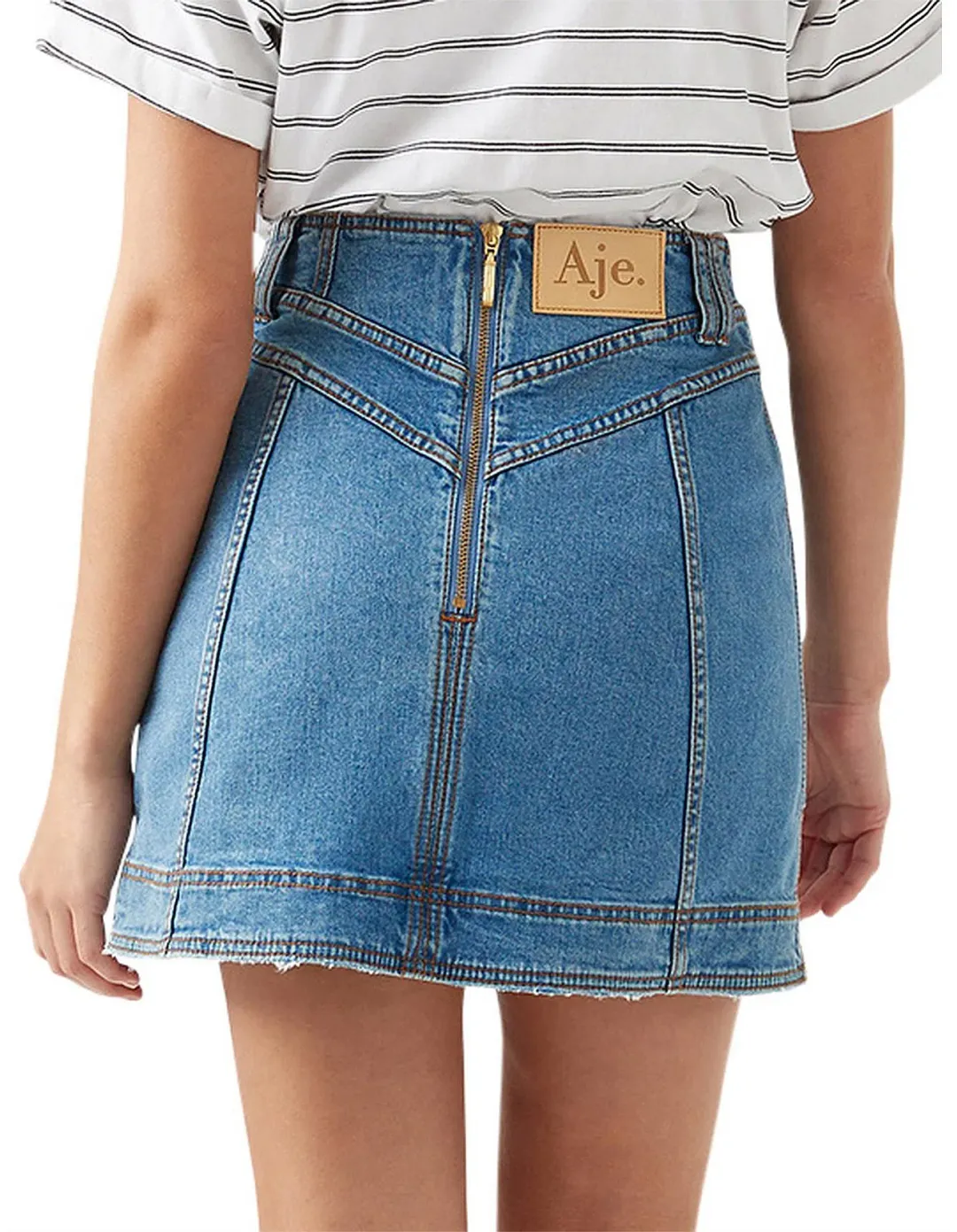 Aje Belmond Mini Skirt in Denim Blue Size 8 and Logo Tee White Print Size 6 Set for rent on The Volte - main image