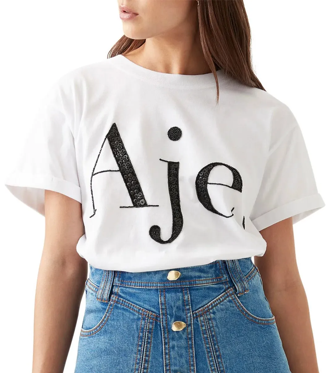Aje Belmond Mini Skirt in Denim Blue Size 8 and Logo Tee White Print Size 6 Set for rent on The Volte - main image