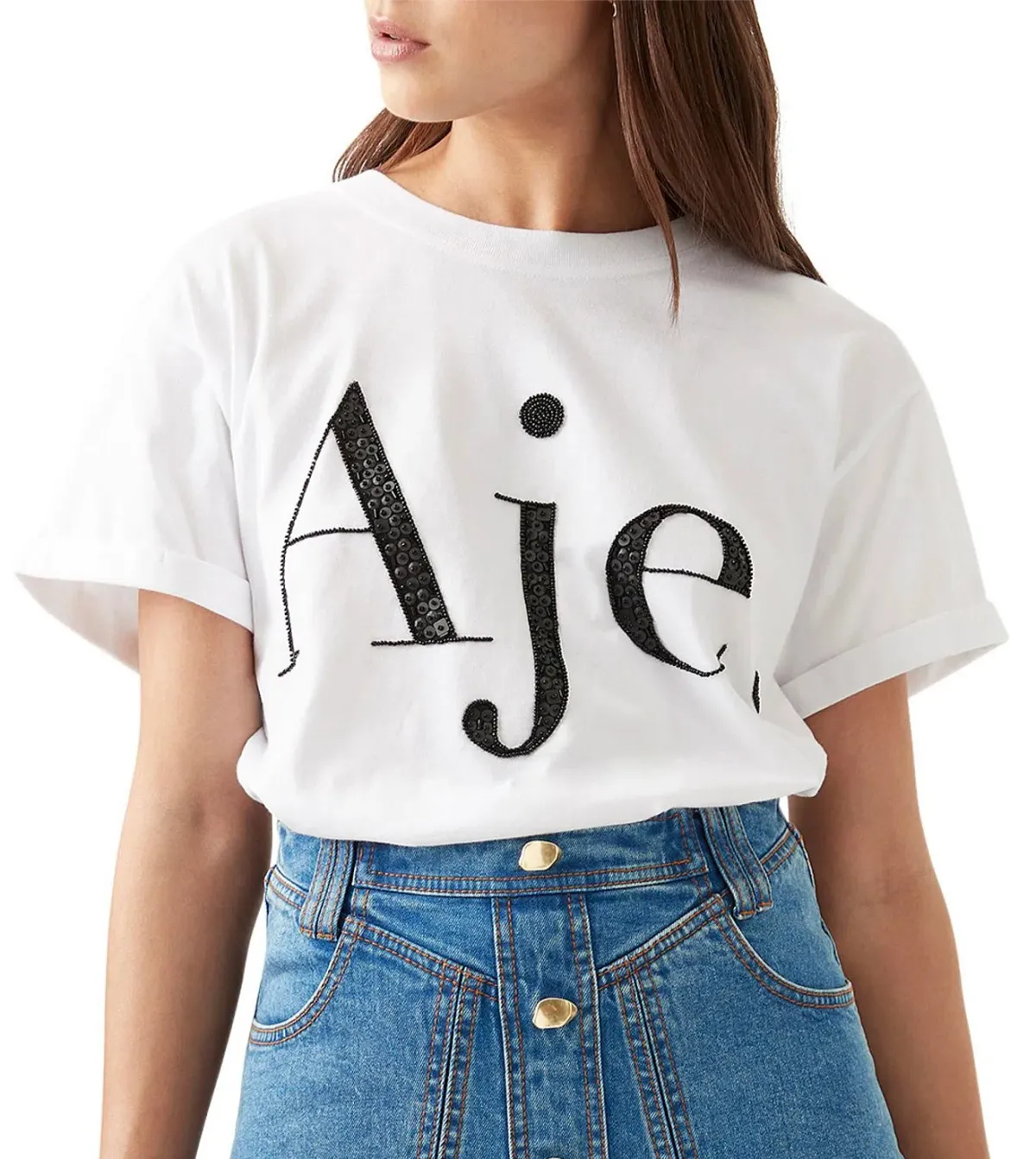 Aje Belmond Mini Skirt in Denim Blue Size 8 and Logo Tee White Print Size 6 Set - Image 2