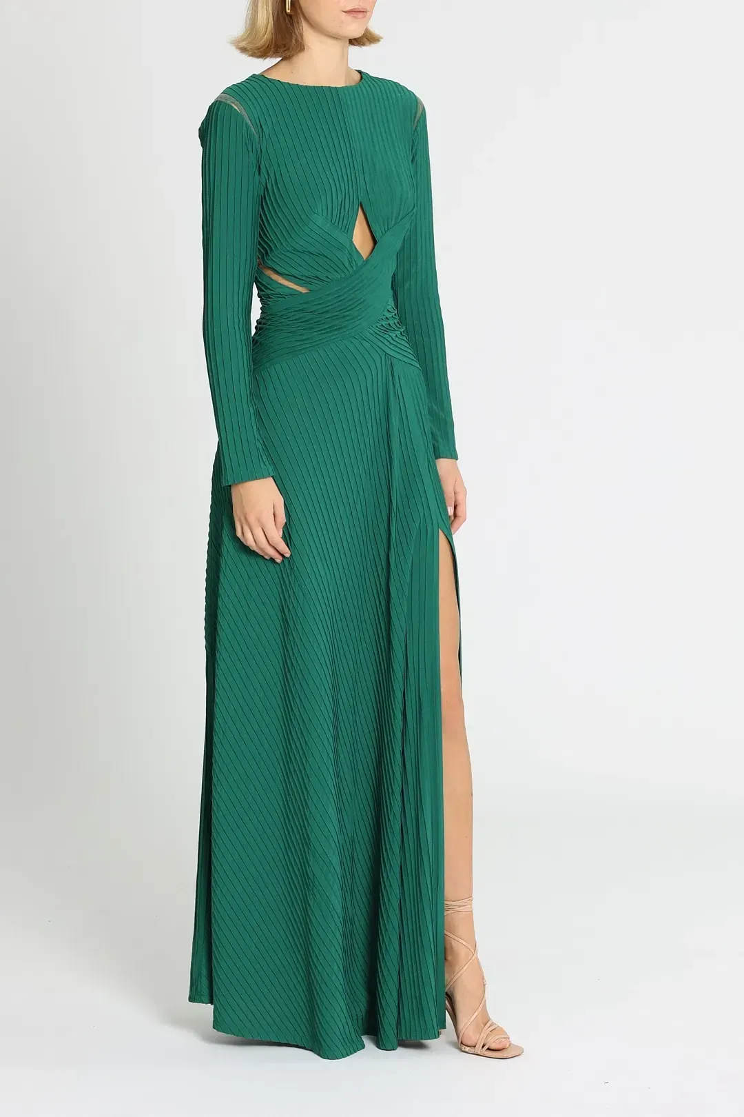 Tadashi Shoji Bollani Pintuck Cutout Gown in Forest Size 10 for rent on The Volte - main image