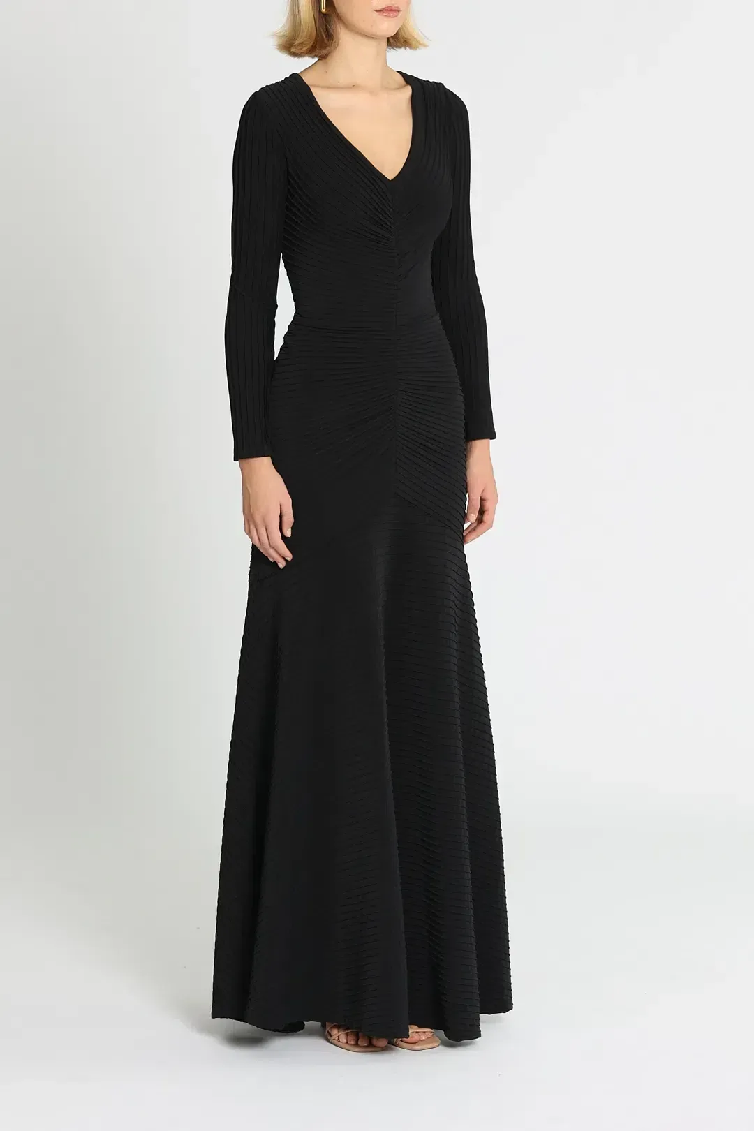 Tadashi Shoji Elias Long Sleeve Pintuck Gown in Black Size 10 for rent on The Volte - main image