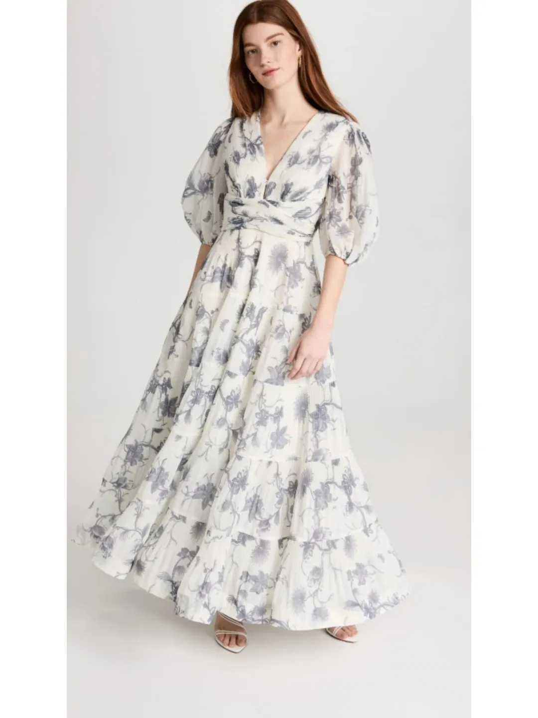 Zimmermann Pleated Midi Dress White Navy Floral Size 4/ Size AU 14 for rent on The Volte - main image