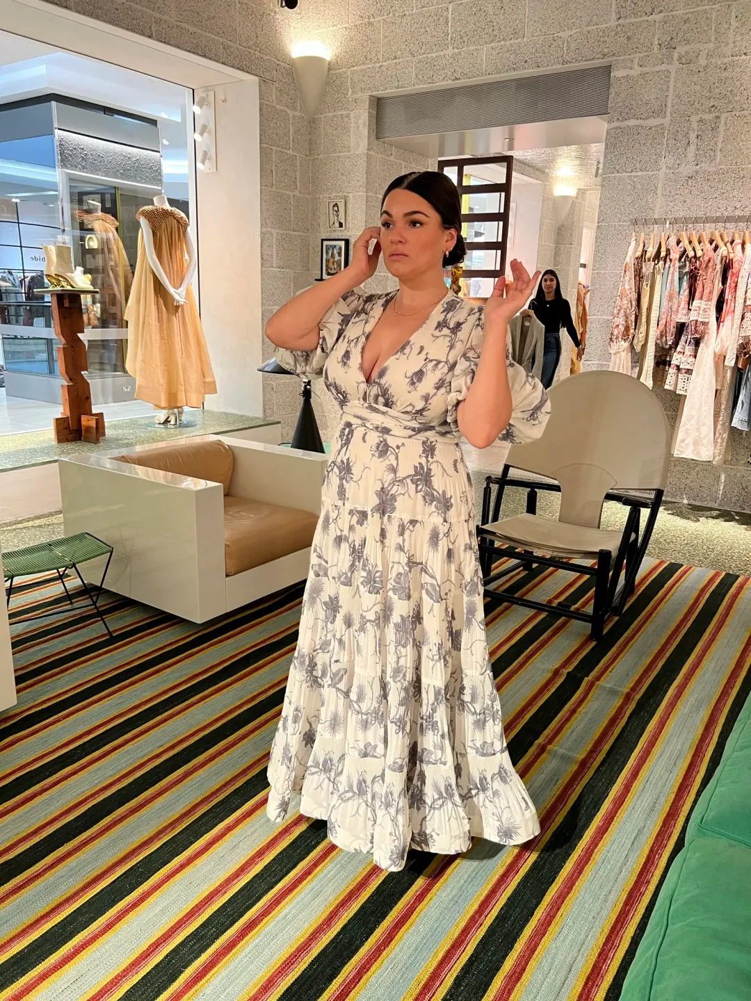 Zimmermann Pleated Midi Dress White Navy Floral Size 4/ Size AU 14 for rent on The Volte - main image