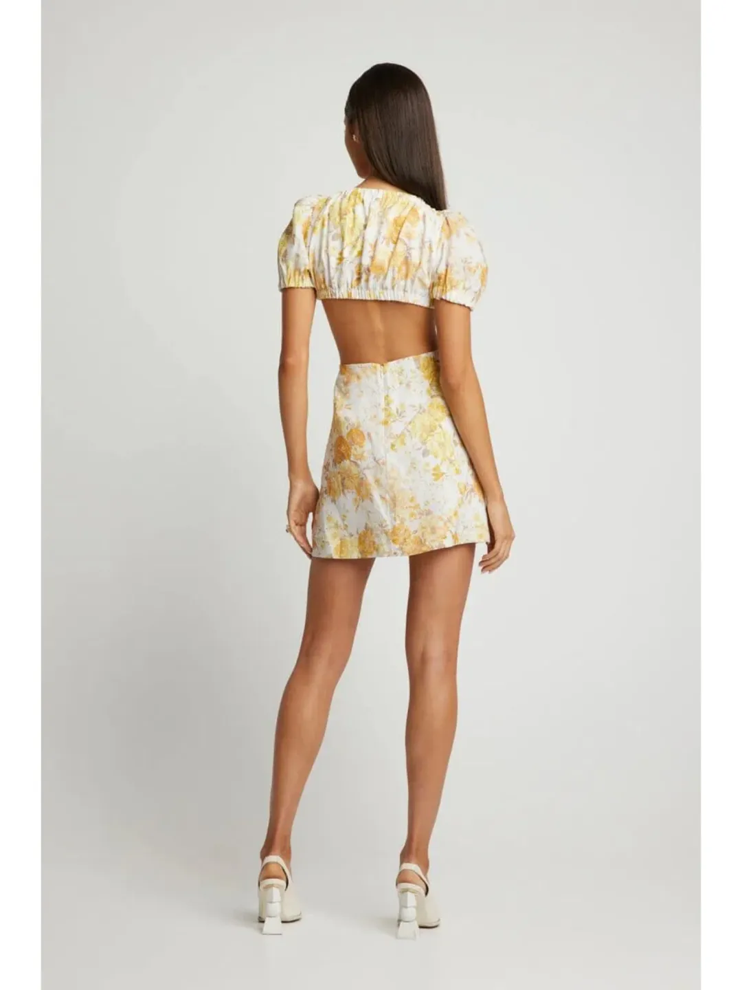 Sofia The Label Ami Tie Front Mini Dress Yellow Floral Size AU 8 for rent on The Volte - main image