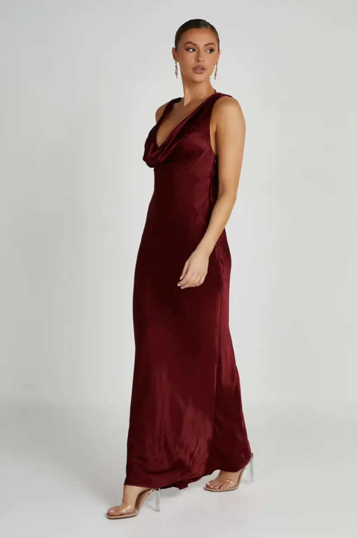 MESHKI Angelique Satin Cowl Back Maxi Dress Berry in Size S / AU 8 - Image 6