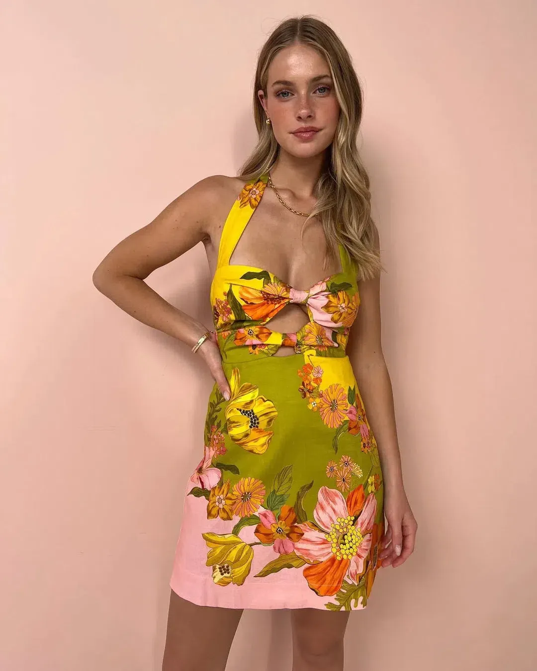 Alemais Silas Halter Mini Dress In Multi Floral Size 14 for rent on The Volte - main image