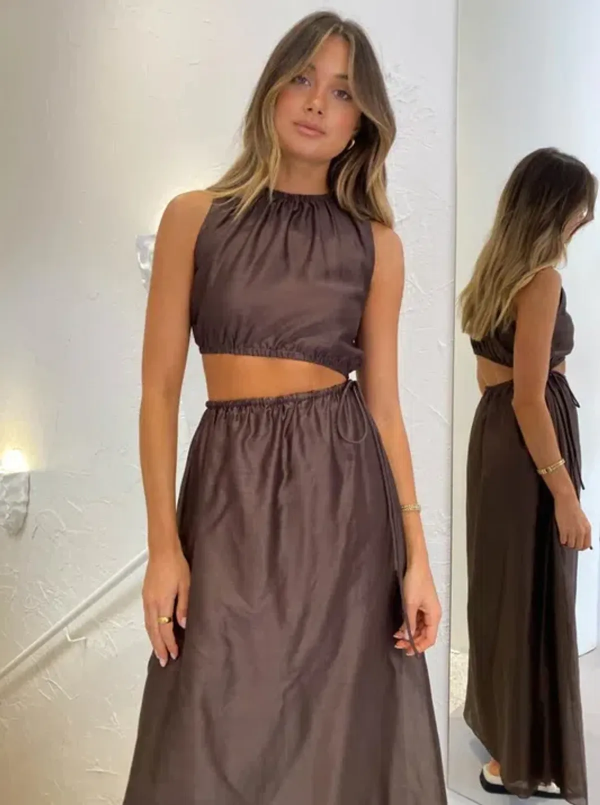 Sir the Label Anje Asymmetrical Cut Out Dress in Chocolate Size 1 / AU 8 - Image 2