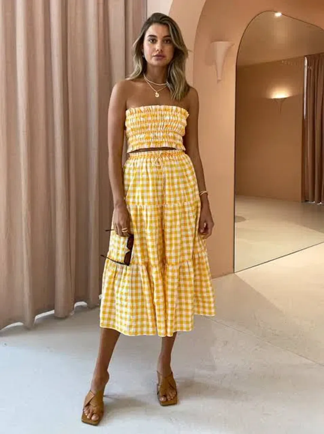 Steele Paradise Crop Top and Erica Skirt Set Papaya Check Size XS / AU 6 for rent on The Volte - main image