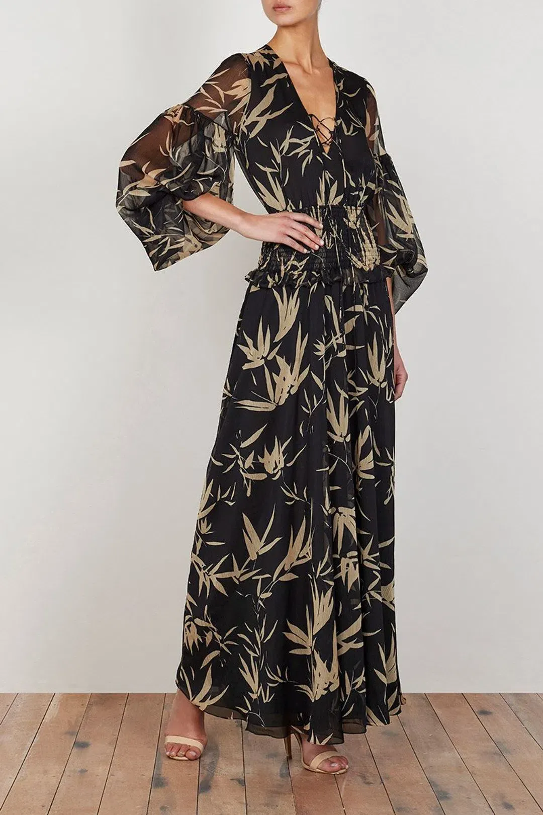 Shona Joy Monterey Shirred Lace Up Maxi Dress in Black/Wheat Print Size AU 8 for rent on The Volte - main image