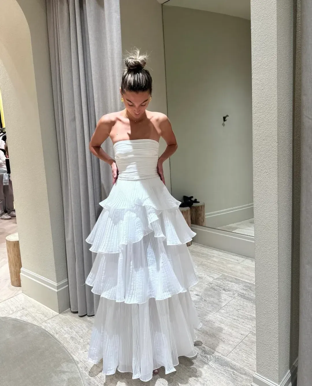 Aje Sunbeam Ruched Bustier and Cosmos Tiered Maxi Skirt Set Ivory Size 6 for rent on The Volte - main image