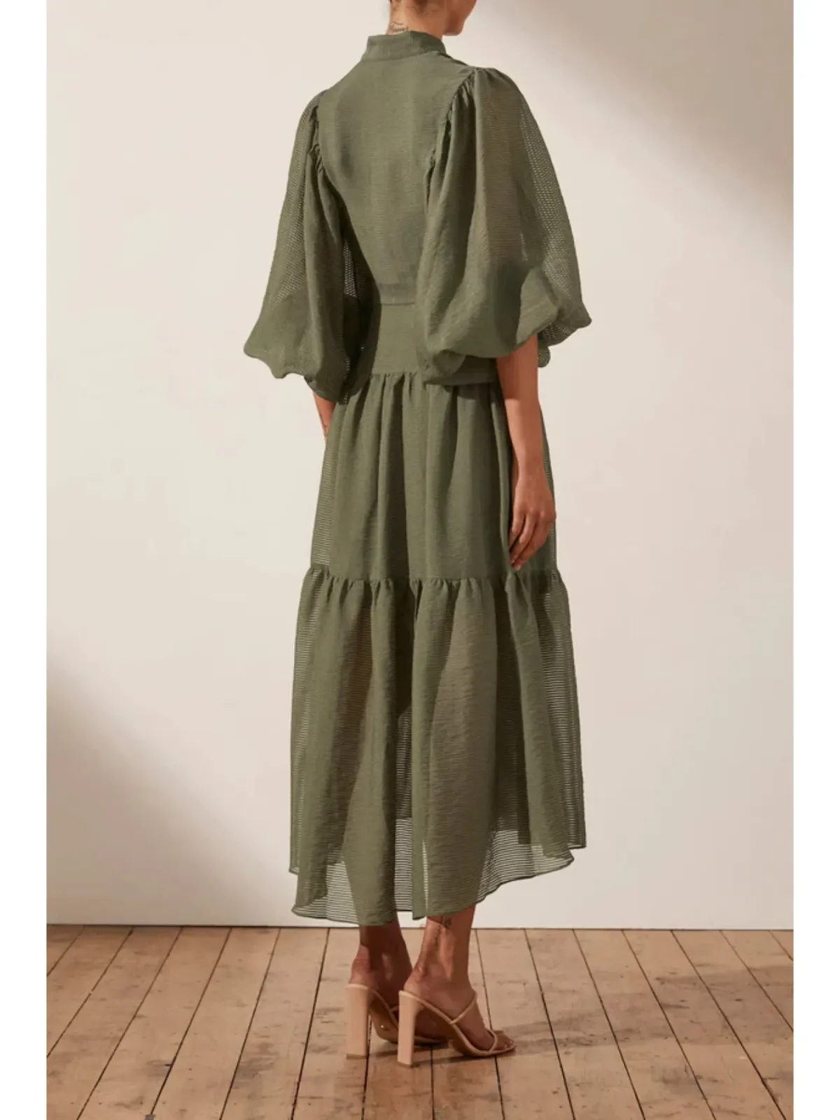 Shona Joy Charlotte High Neck Midi Dress Khaki Size AU 16 - Image 4