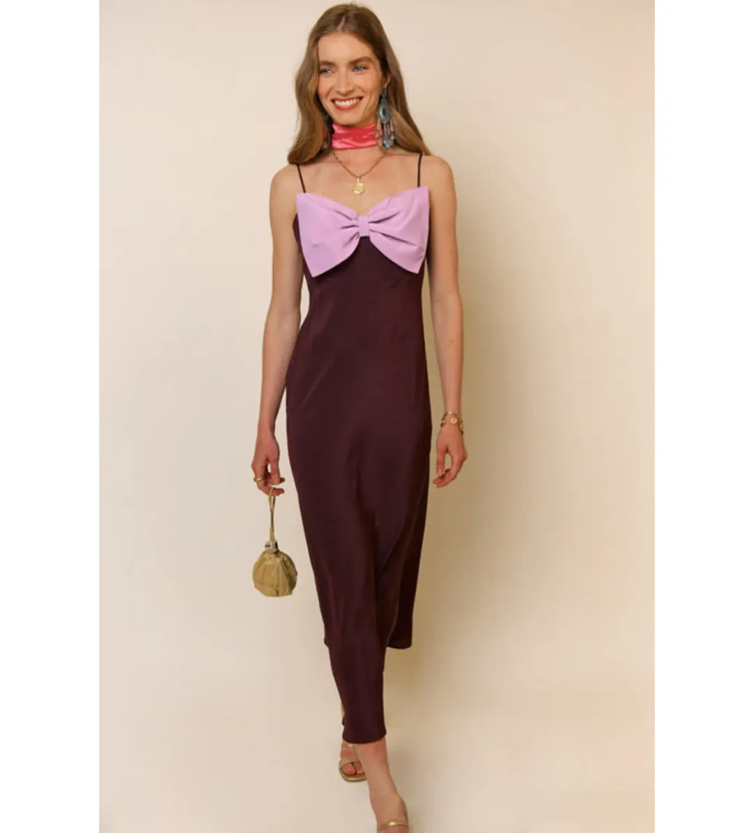 Rixo Leanna Bow Silk Dress Chocolate/Lilac Size 10 for rent on The Volte - main image