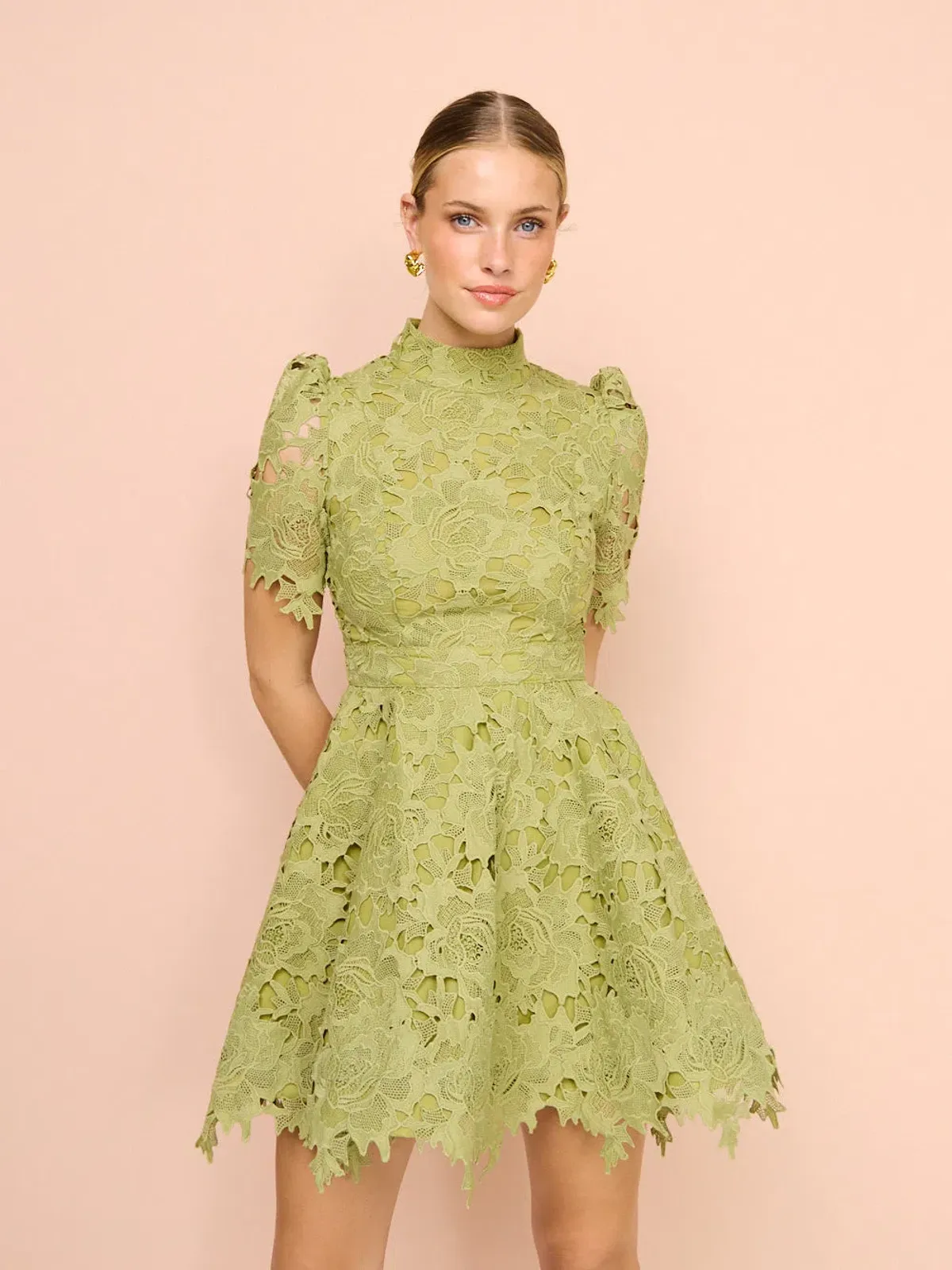 Leo Lin Elise Lace Short Sleeve Mini Dress Olive Size 14 - Image 2