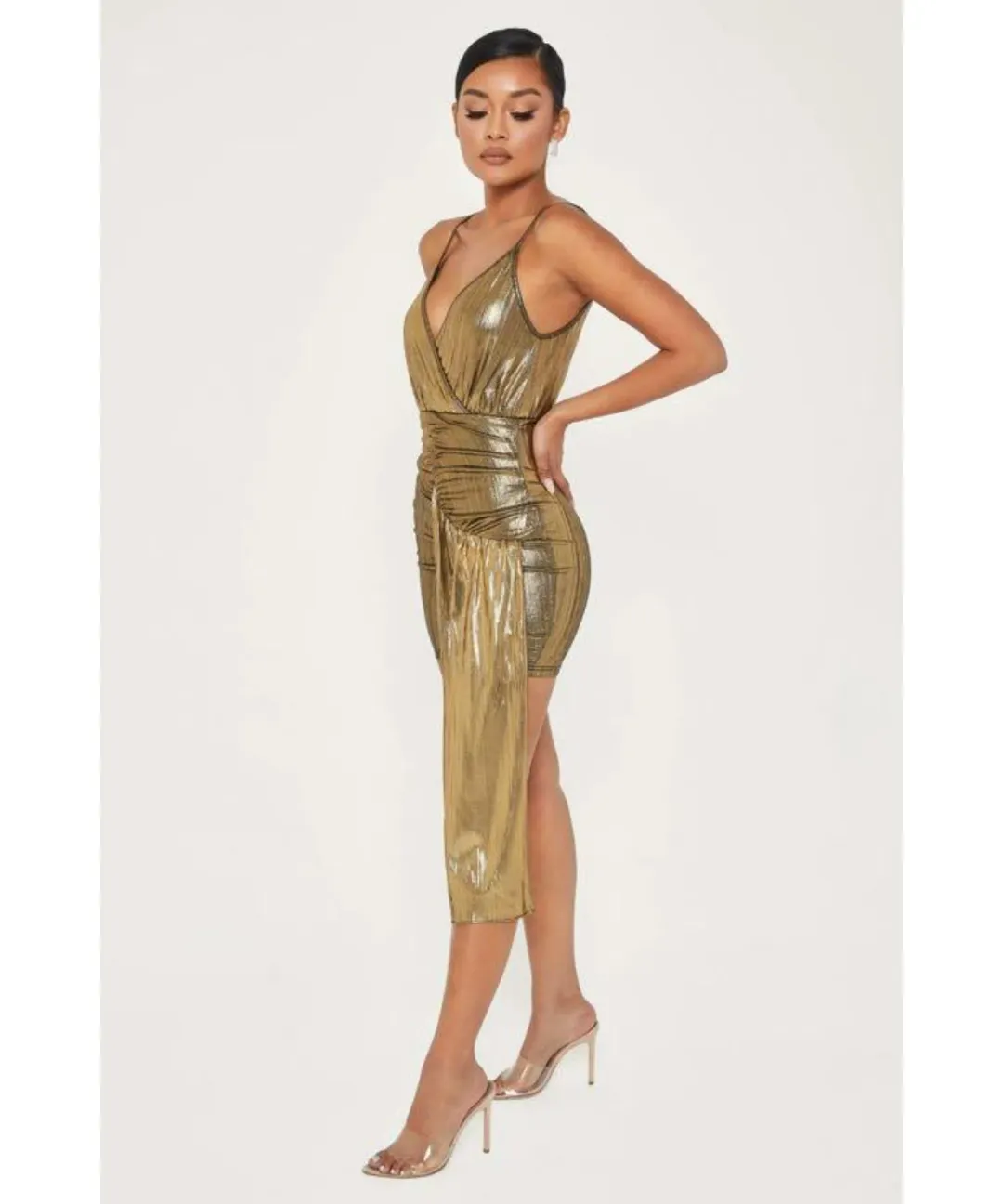 Meshki Dante Drape Wrap Mini Dress In Gold Size S / AU 8 for rent on The Volte - main image