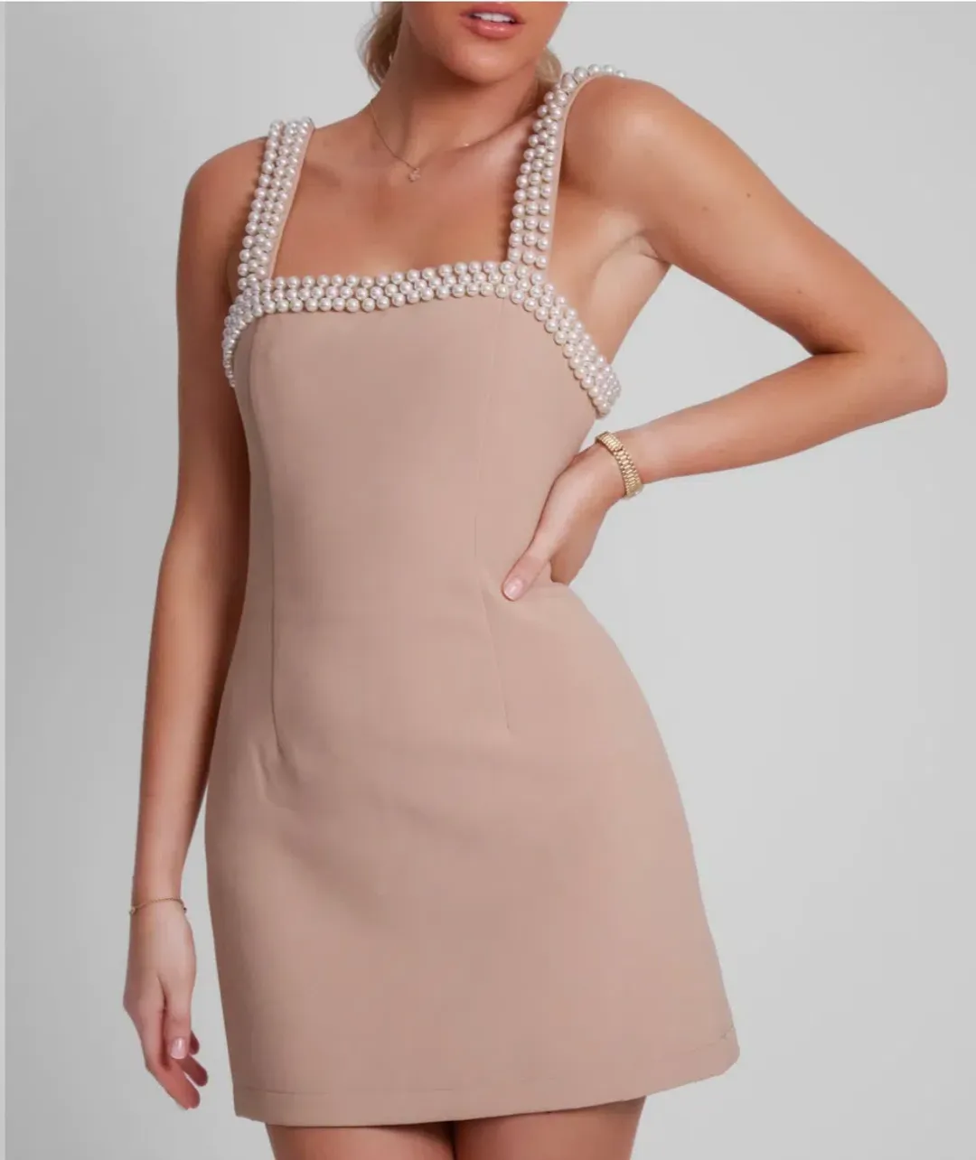 Odd Muse The Ultimate Muse Pearl Trim Mini Dress in Camel Size 6 for rent on The Volte - main image