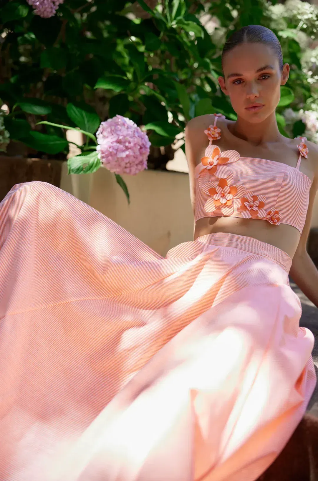 Aston Studio Mimi Bralette and Skirt Set in Nectar Fine Stripe Size 8 for rent on The Volte - main image