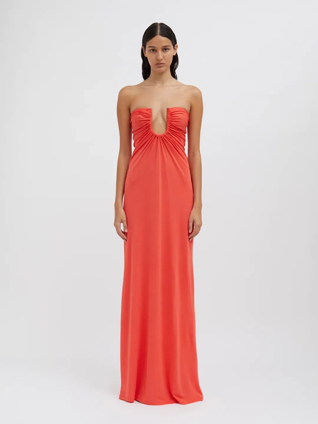 Christopher Esber Arced Palm Strapless Dress in Grapefruit Size 10  for rent on The Volte - main image