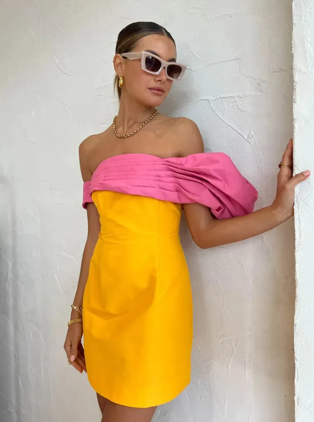 Rachel Gilbert Manuela Mini Dress Saffron/Pink Size 4 / AU 14 for rent on The Volte - main image